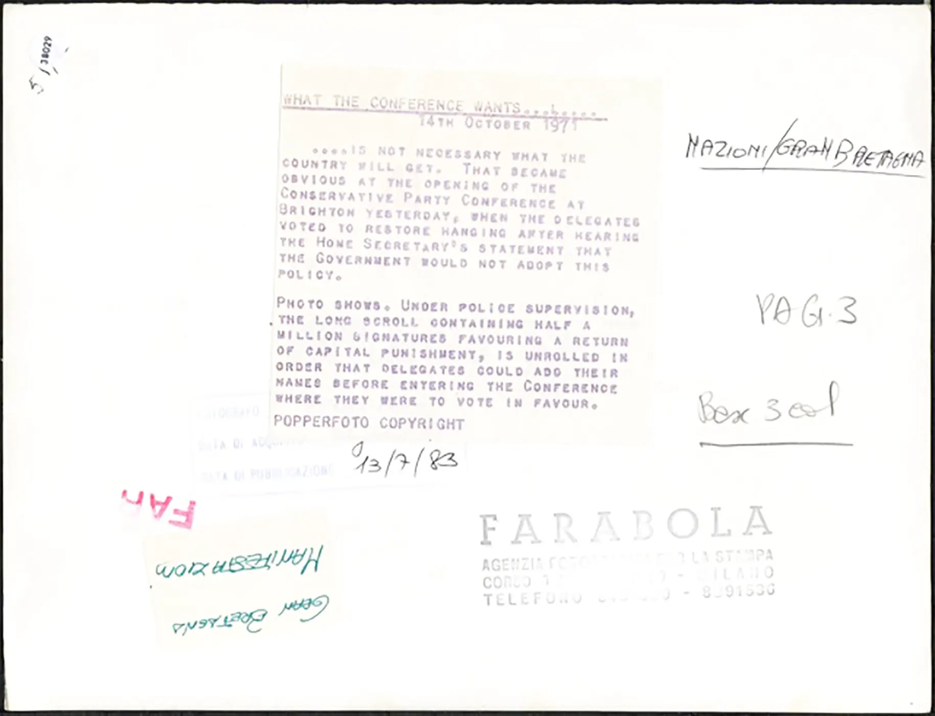 Firme per ripristino pena capitale Brighton 1971 Ft 38029 - Stampa 20x25 cm - Farabola Stampa ai sali d'argento