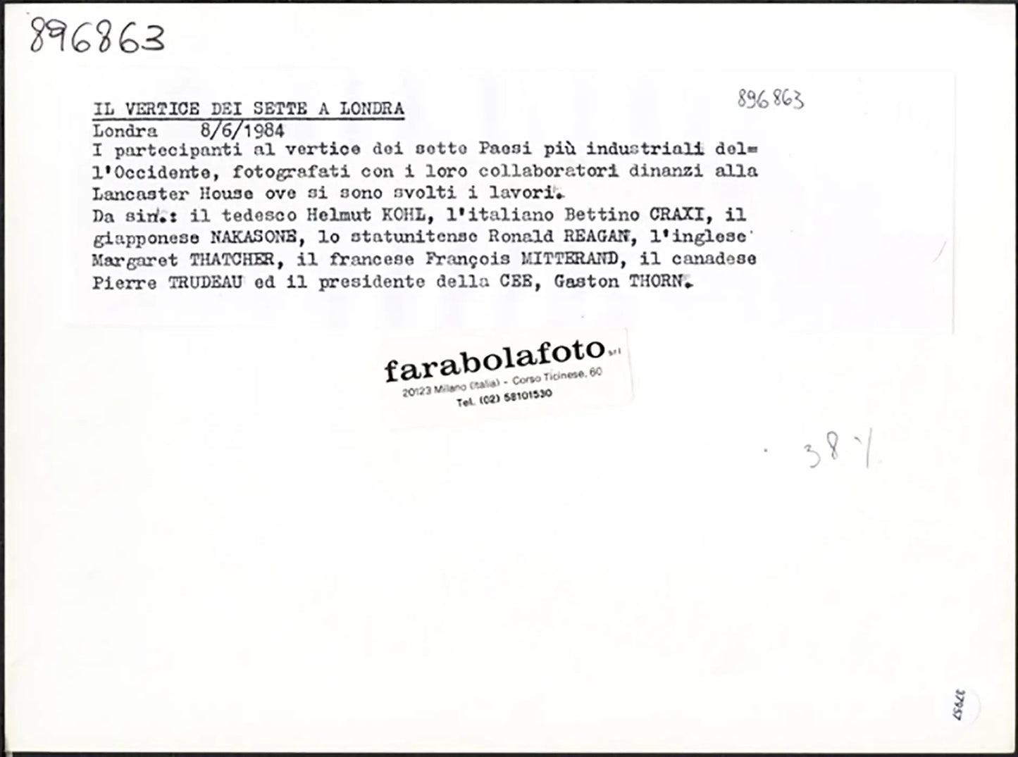 Foto di gruppo del G - 7 di Londra 1984 Ft 37957 - Stampa 24x18 cm - Farabola Stampa ai sali d'argento