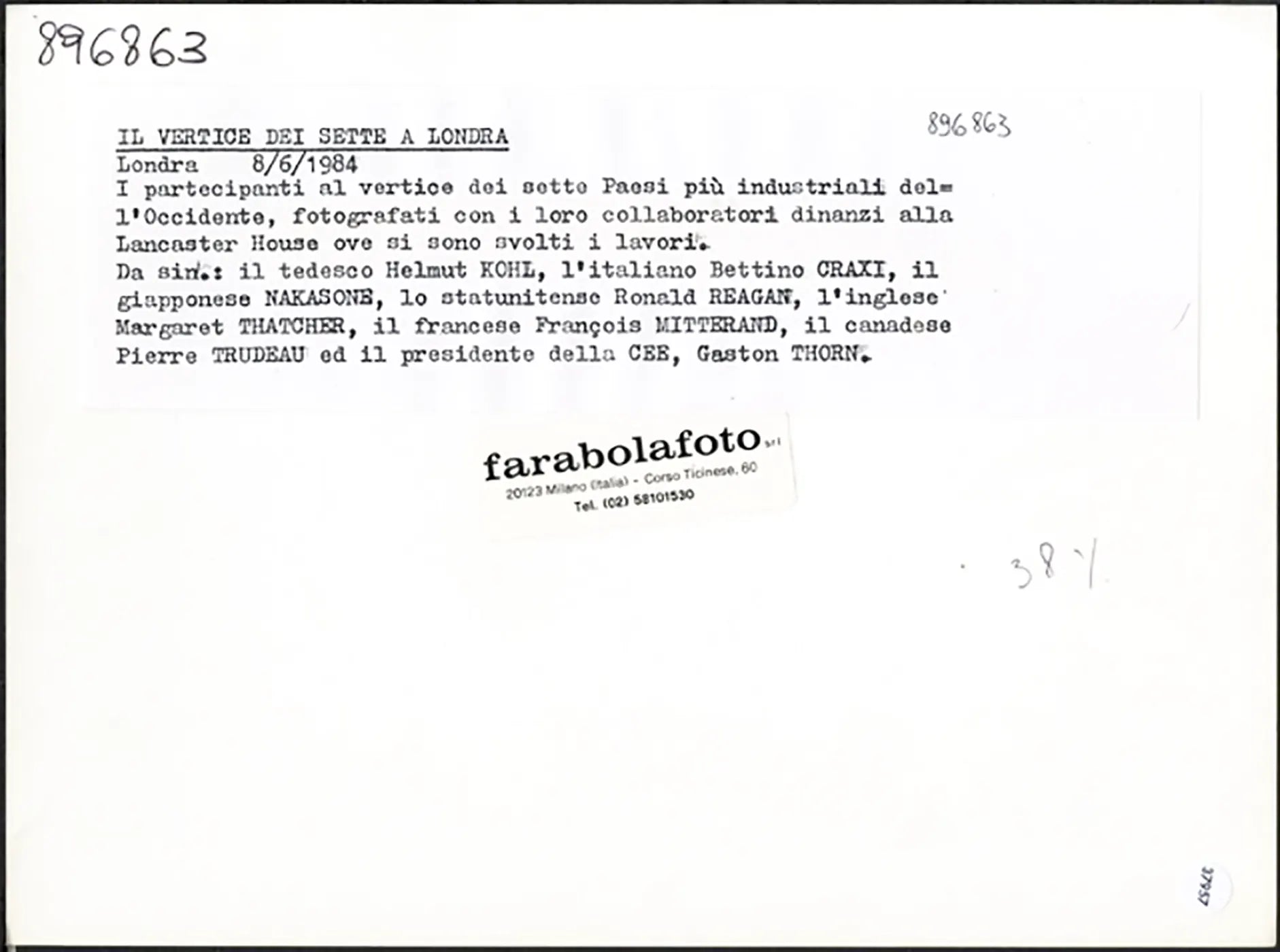 Foto di gruppo del G - 7 di Londra 1984 Ft 37957 - Stampa 24x18 cm - Farabola Stampa ai sali d'argento