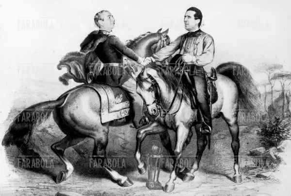 Fotomontaggio dell'incontro di Teano tra Garibaldi (Herrera) e Vittorio Emanuele II (Moratti), 1965 - Farabola Immagine digitale