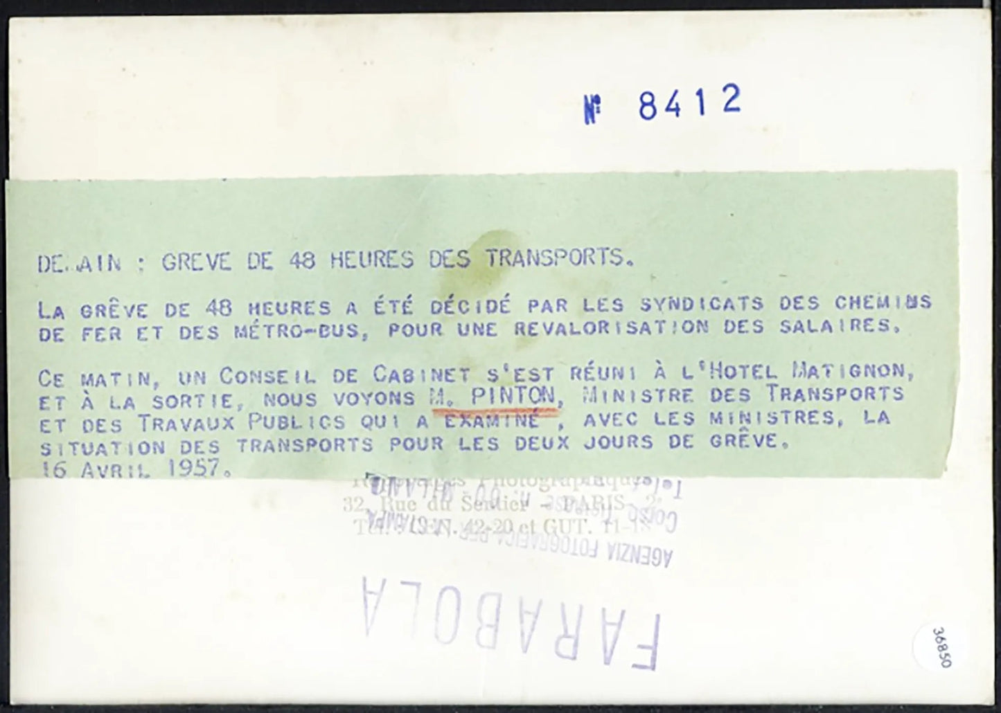Francia Auguste Pinton ministro 1957 Ft 36850 - Stampa 13x18 cm - Farabola Stampa ai sali d'argento