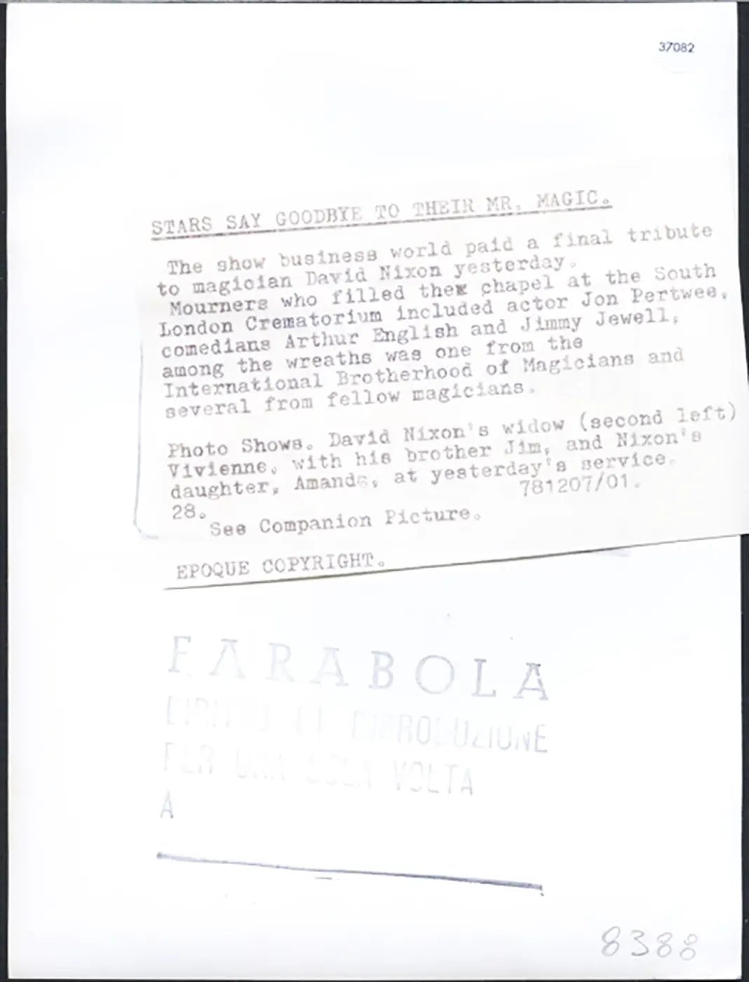Funerali del mago David Nixon 1978 Ft 37082 - Stampa 20x15 cm - Farabola Stampa ai sali d'argento