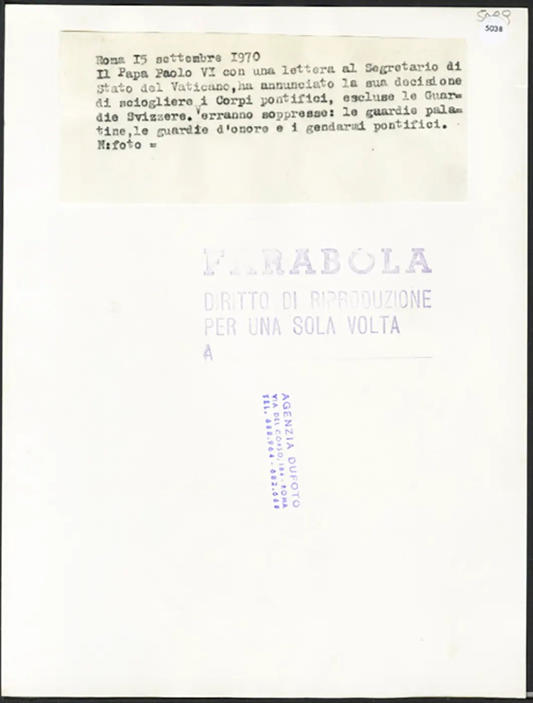 Gendarmi Pontifici 1970 Ft 5038 - Stampa 24x18 cm - Farabola Stampa ai sali d'argento