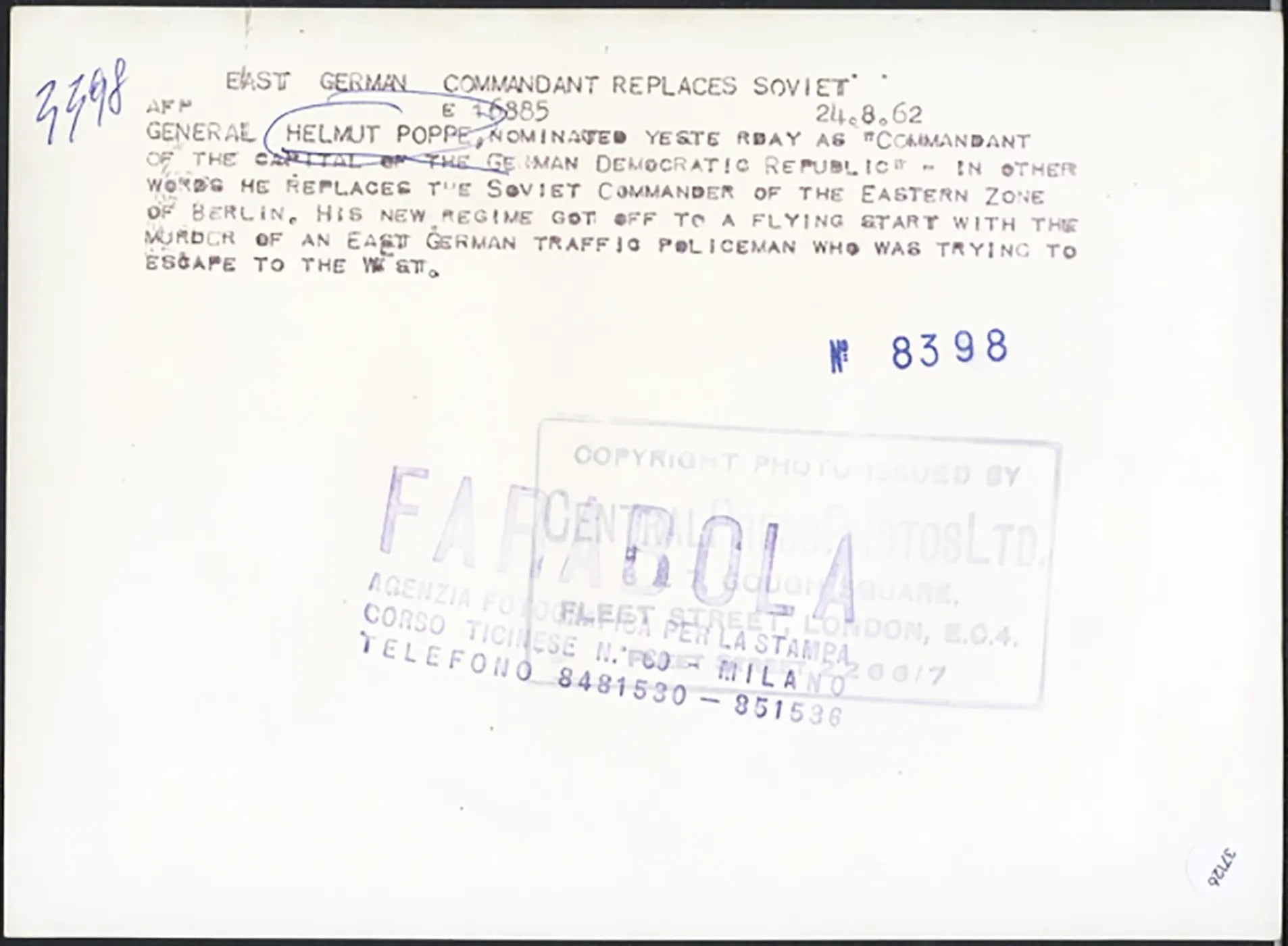 Generale Poppe Berlino Est 1962 Ft 37126 - Stampa 20x15 cm - Farabola Stampa ai sali d'argento