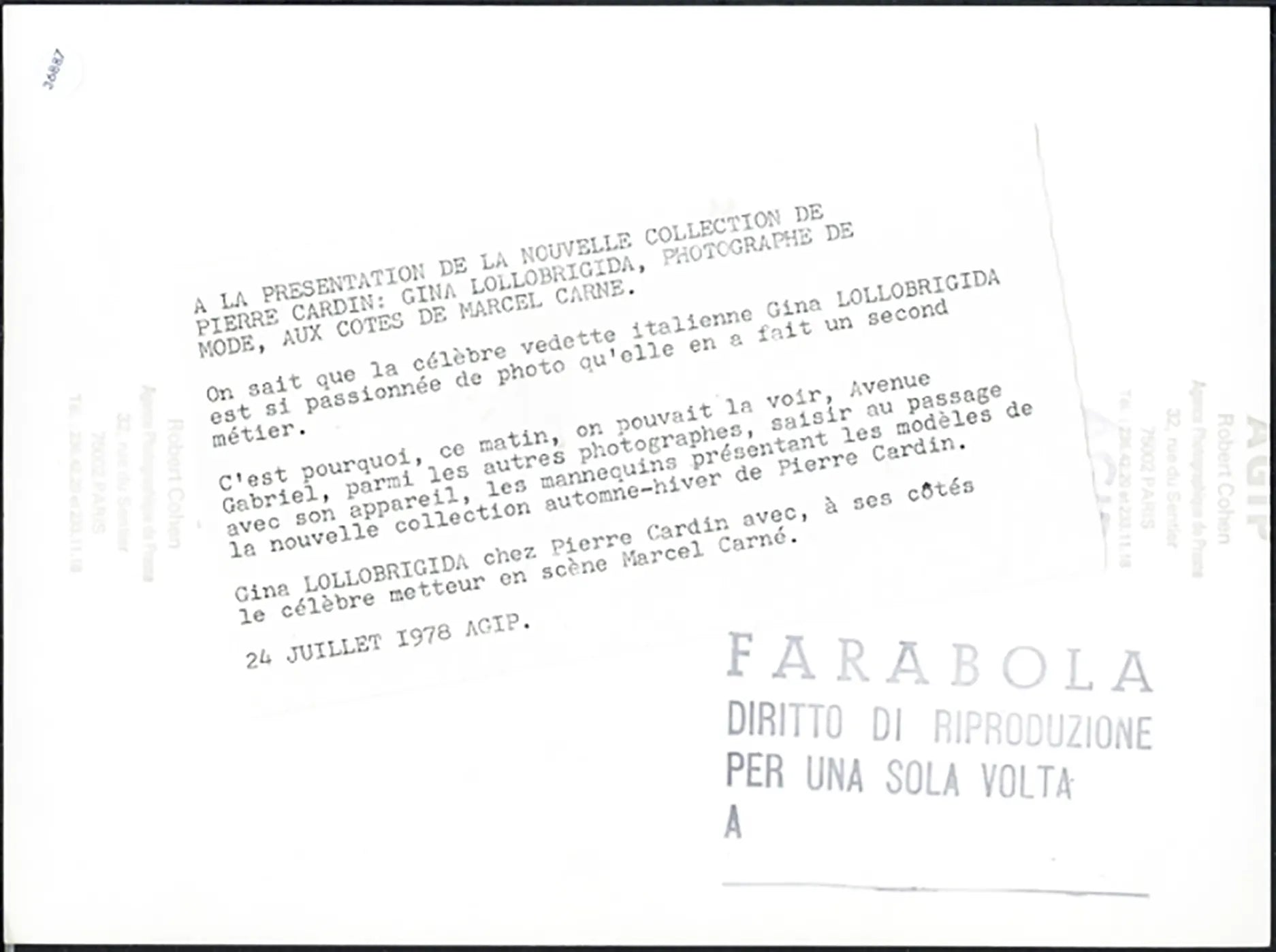 Gina Lollobrigida Sfilata Cardin 1978 Ft 36887 - Stampa 24x18 cm - Farabola Stampa ai sali d'argento