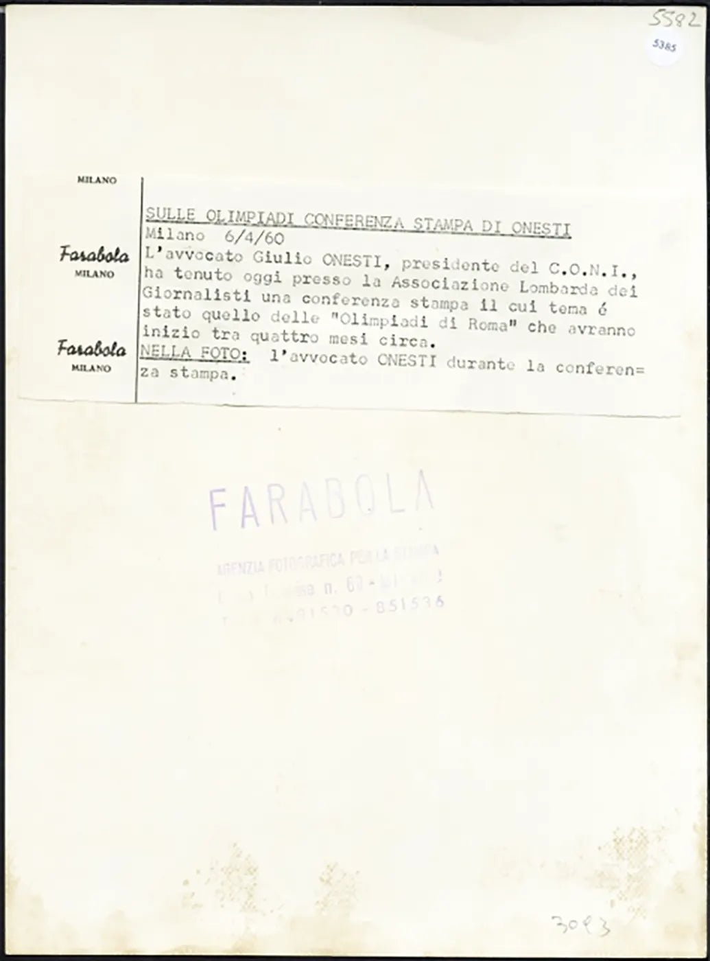 Giulio Onesti Olimpiadi Roma 1960 Ft 5385 - Stampa 24x18 cm - Farabola Stampa ai sali d'argento