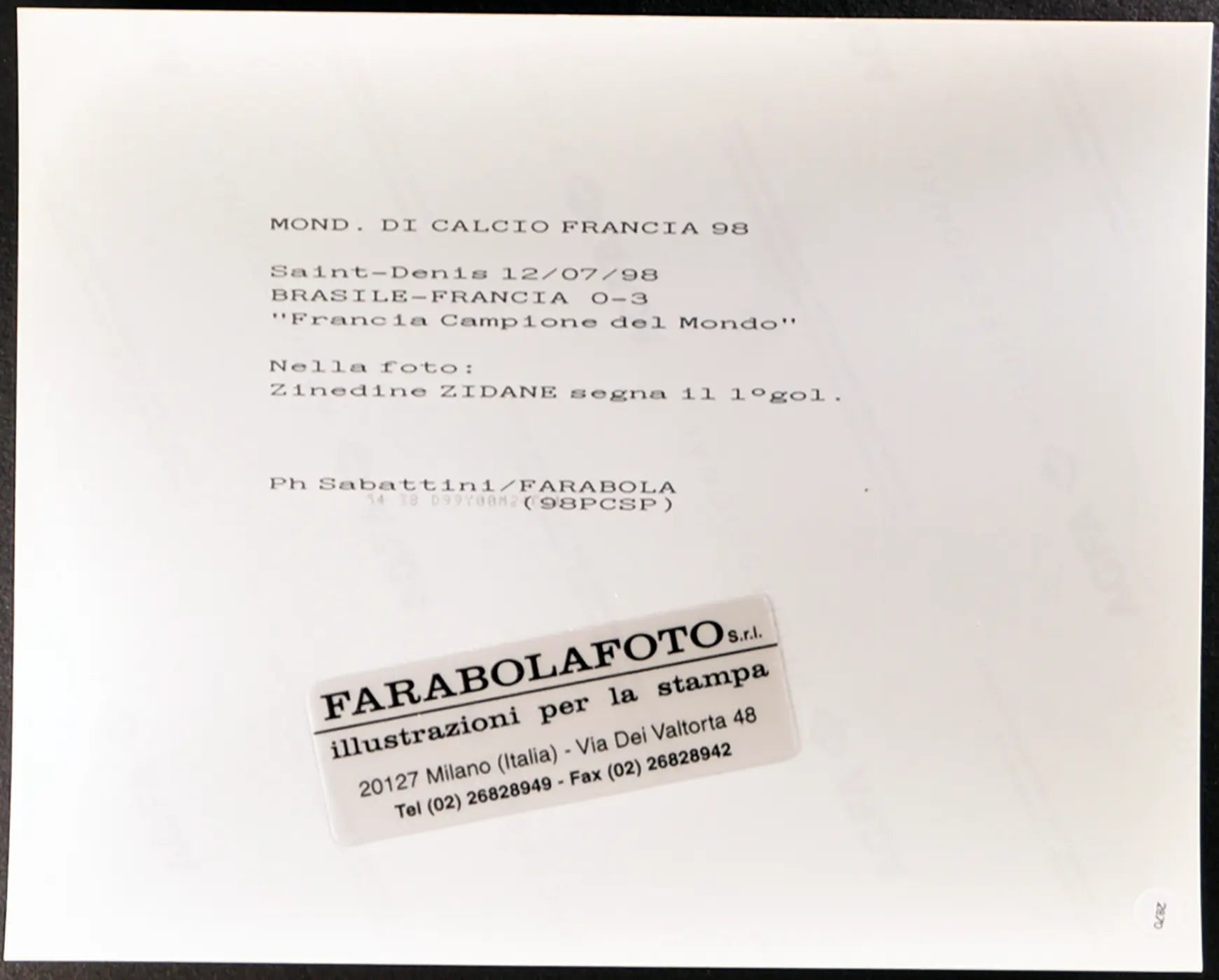Gol di Zidane Finale Mondiali 1998 Ft 2870 - Stampa 20x25 cm - Farabola Stampa ai sali d'argento