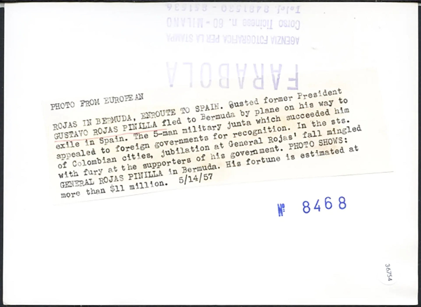 Gustavo Rojas Pinilla alle Bermuda 1957 Ft 36754 - Stampa 13x18 cm - Farabola Stampa ai sali d'argento