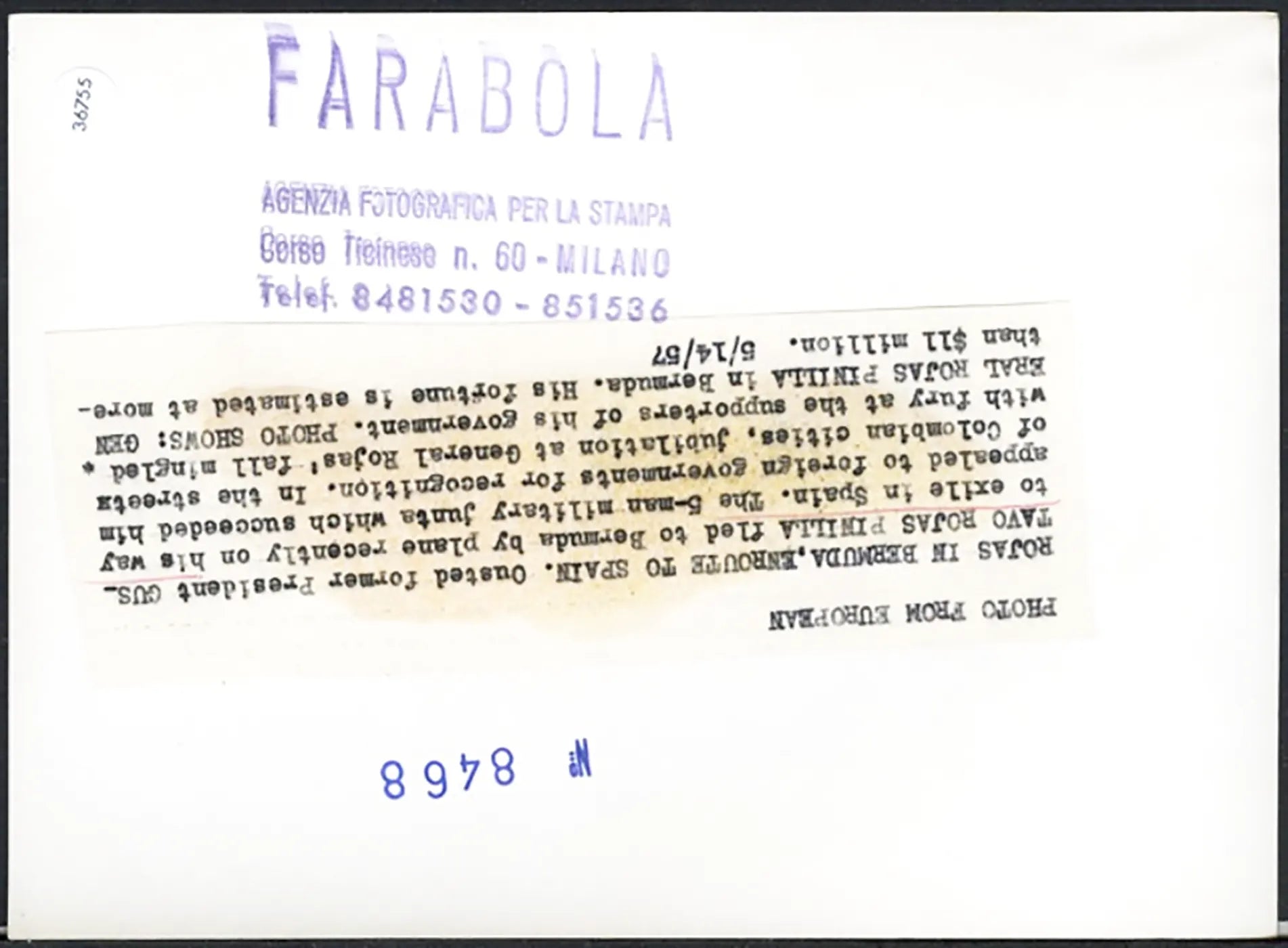 Gustavo Rojas Pinilla alle Bermuda 1957 Ft 36755 - Stampa 13x18 cm - Farabola Stampa ai sali d'argento