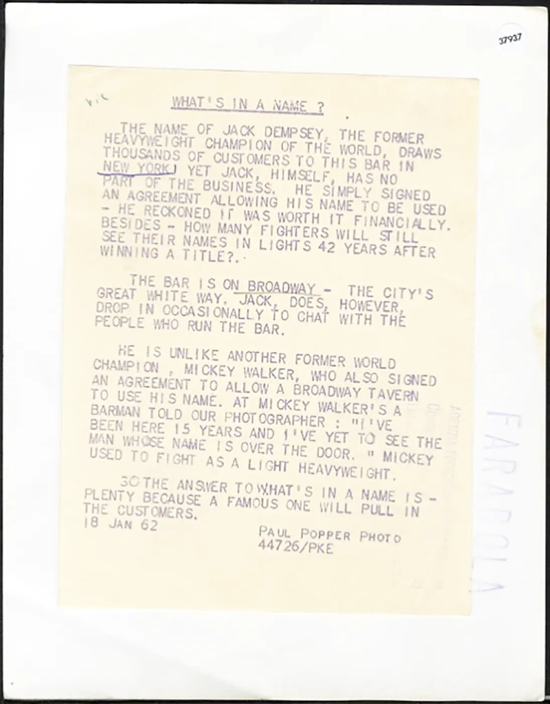 Il bar di Jack Dempsey a New York 1962 Ft 37937 - Stampa 20x15 cm - Farabola Stampa ai sali d'argento