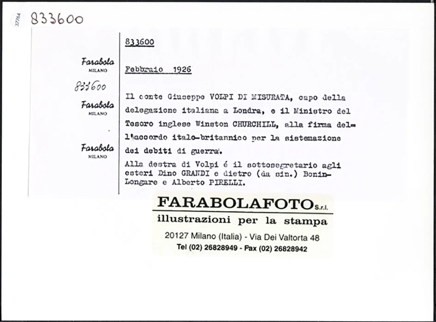 Il conte Volpi di Misurata e Churchill 1926 Ft 37764 - Stampa 24x18 cm - Farabola Stampa ai sali d'argento (anni 90)