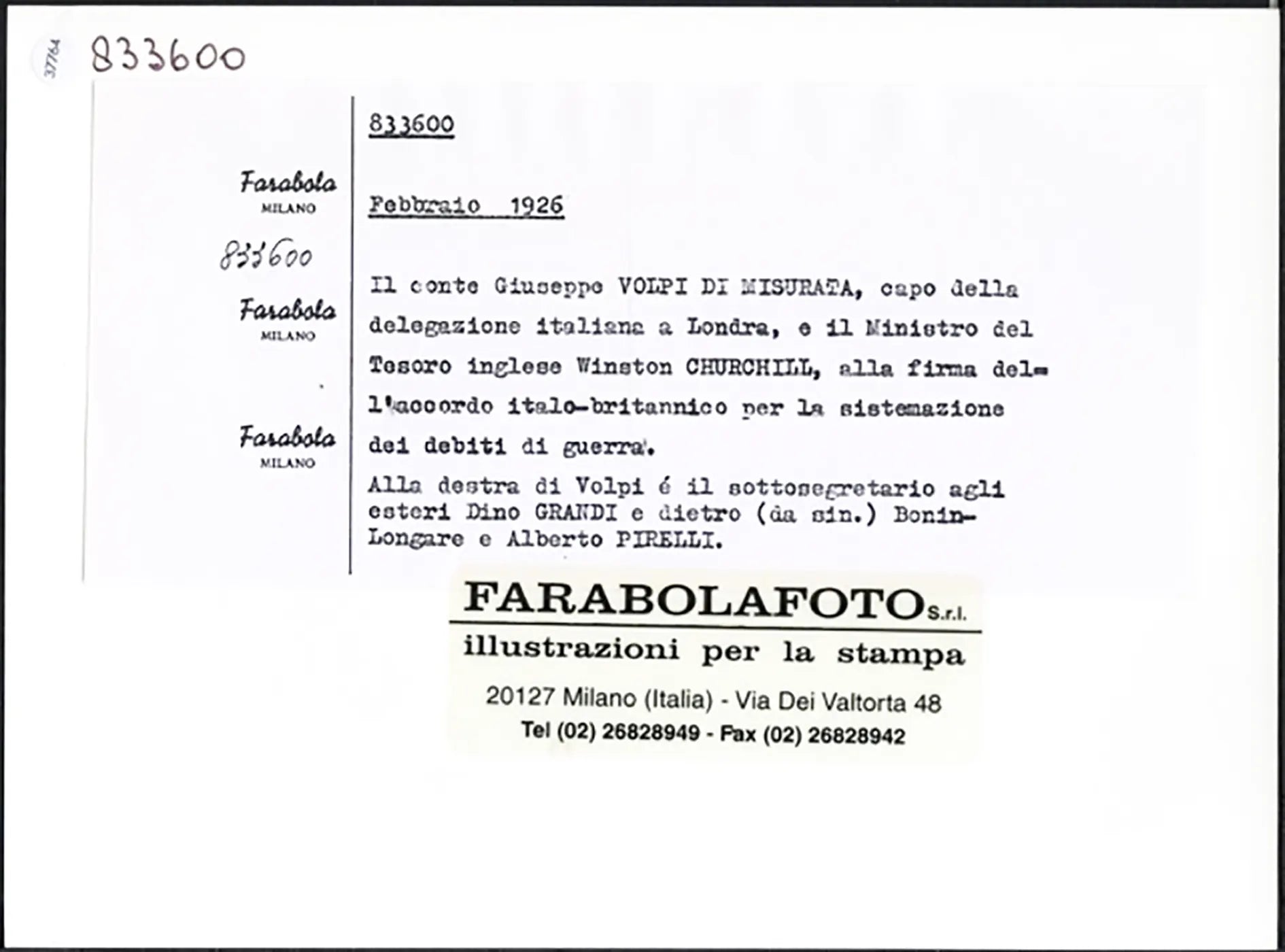 Il conte Volpi di Misurata e Churchill 1926 Ft 37764 - Stampa 24x18 cm - Farabola Stampa ai sali d'argento (anni 90)