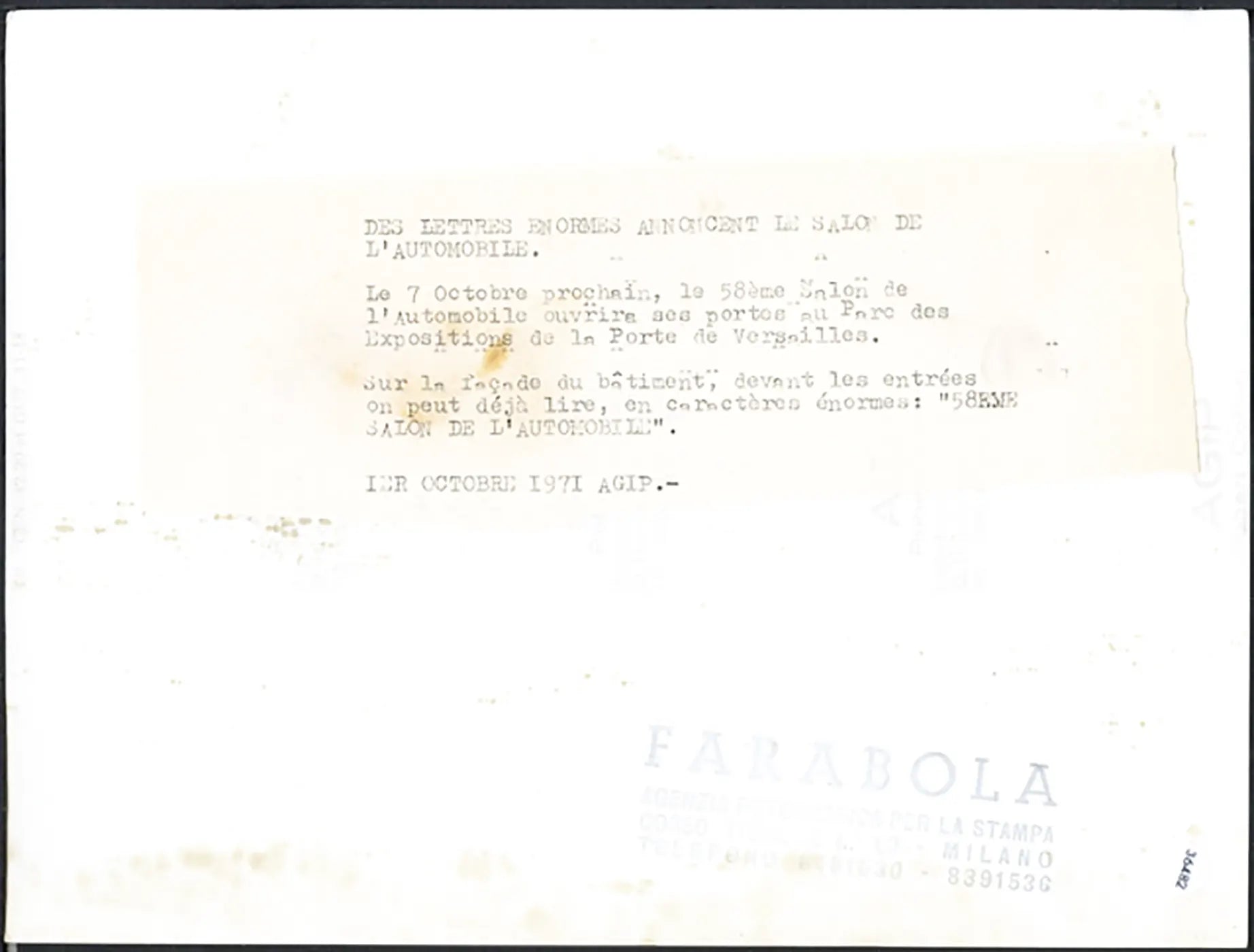 Ingresso Salone Auto Parigi 1971 Ft 36482 - Stampa 24x18 cm - Farabola Stampa ai sali d'argento