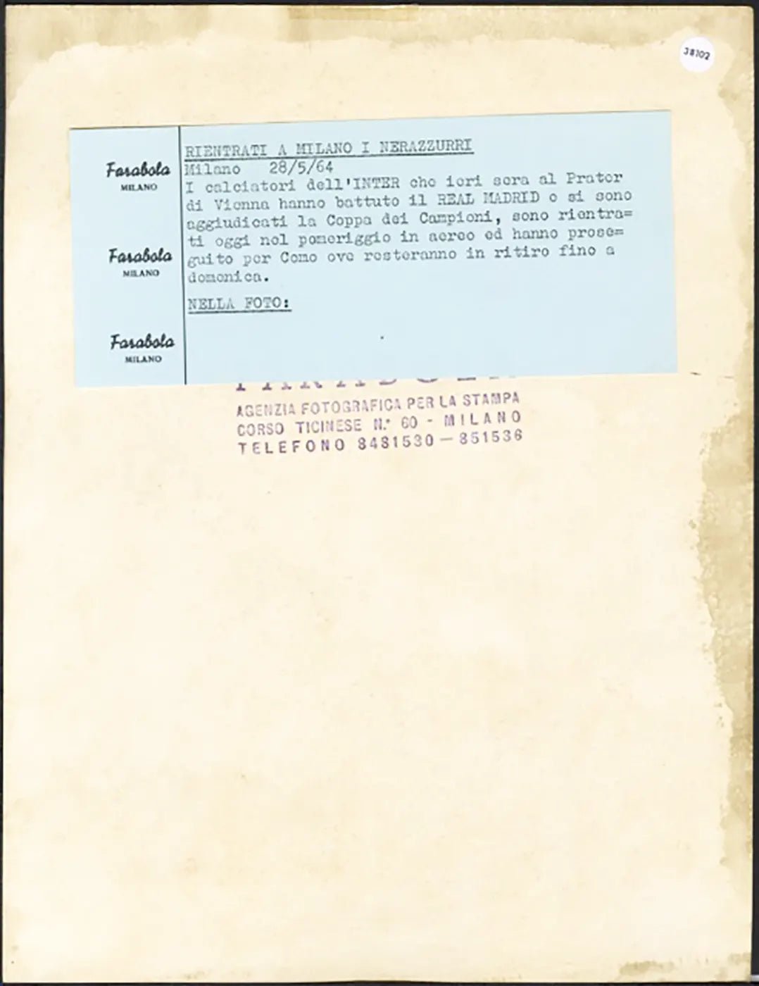 Inter vince Coppa dei Campioni 1964 Ft 38102 - Stampa 21x27 cm - Farabola Stampa ai sali d'argento