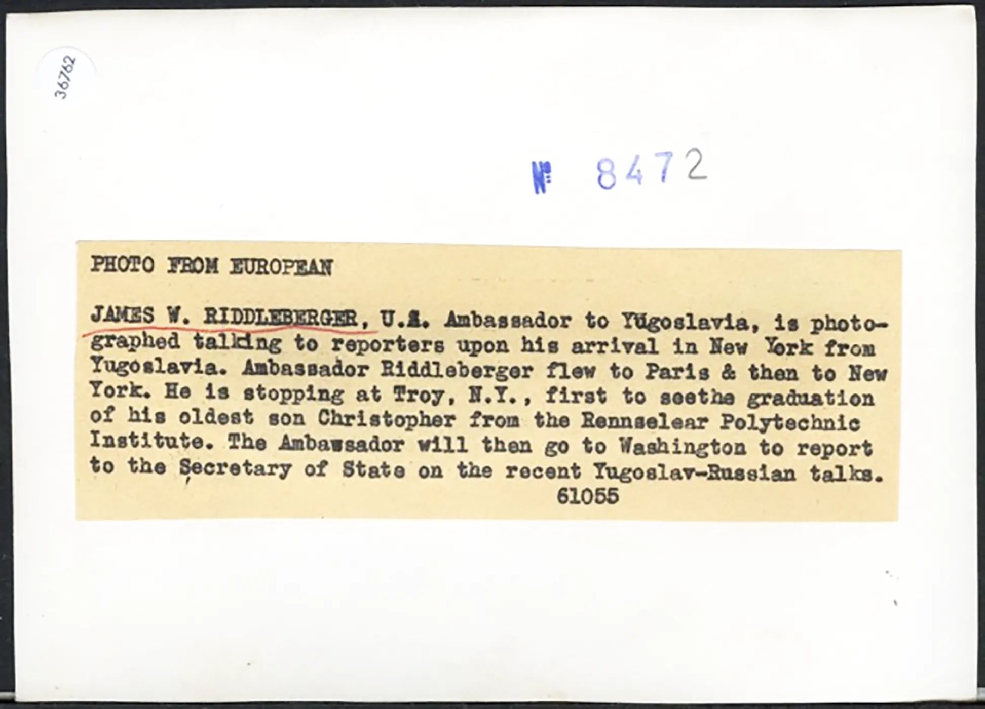 James Rittleberger Ambasciatore Usa 1955 Ft 36762 - Stampa 13x18 cm - Farabola Stampa ai sali d'argento