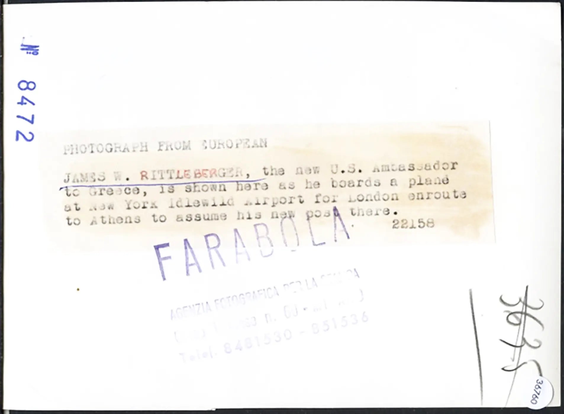 James Rittleberger Ambasciatore Usa 1958 Ft 36760 - Stampa 13x18 cm - Farabola Stampa ai sali d'argento