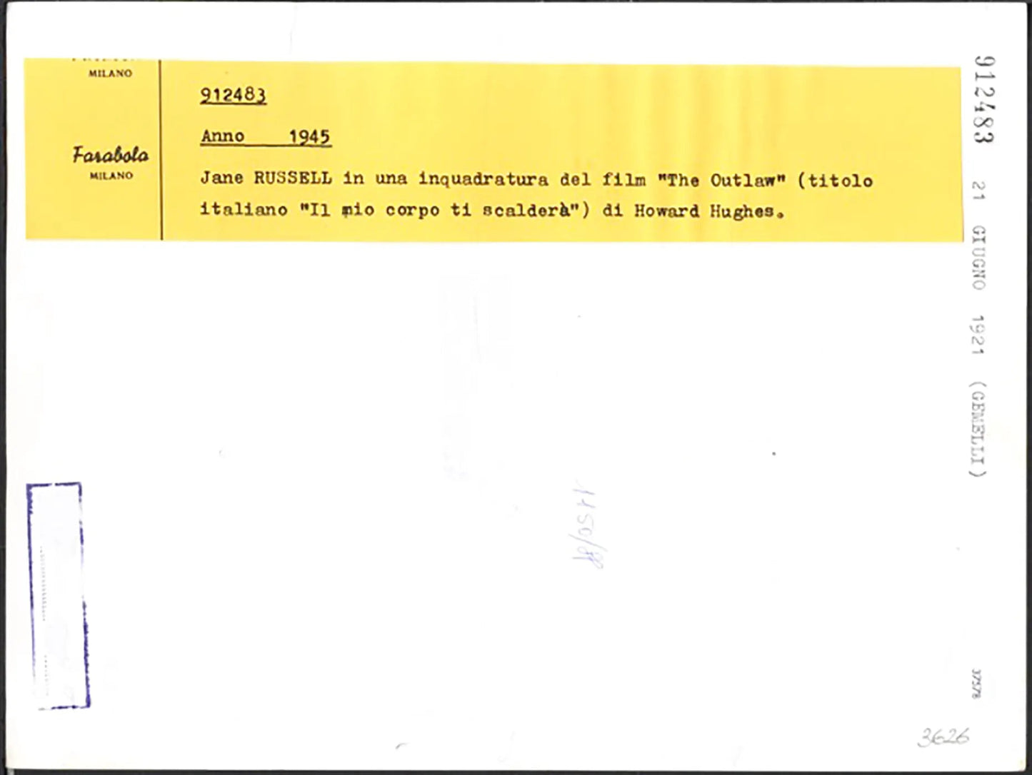 Jane Russell film The Outlaw 1945 Ft 37578 - Stampa 24x18 cm - Farabola Stampa ai sali d'argento (anni 90)
