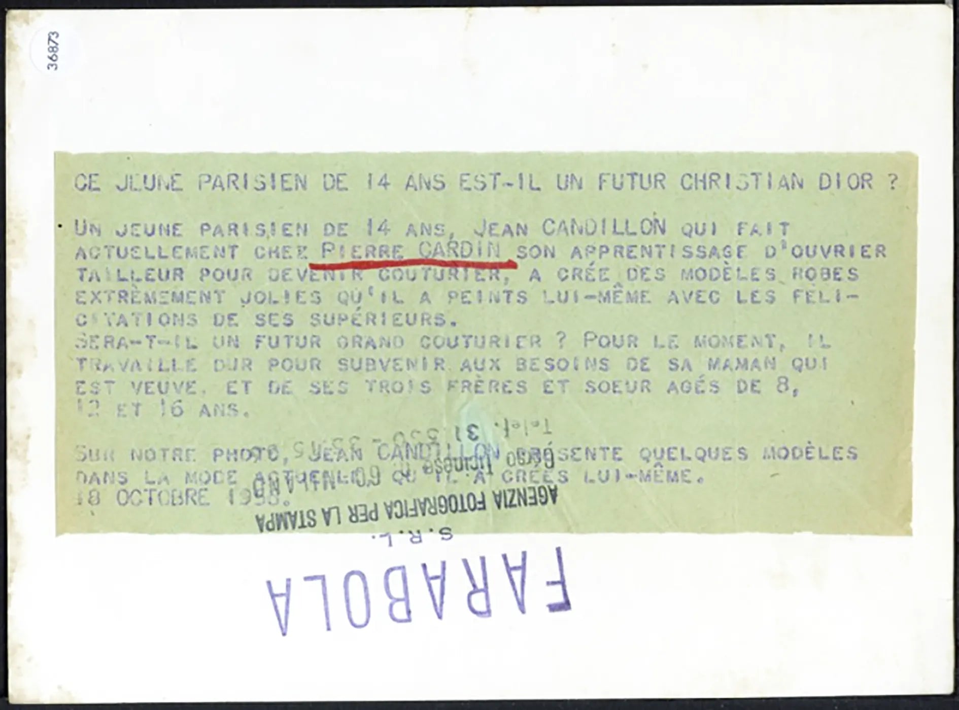 Jean Candillon apprendista Cardin 1956 Ft 36873 - Stampa 18x13 cm - Farabola Stampa ai sali d'argento