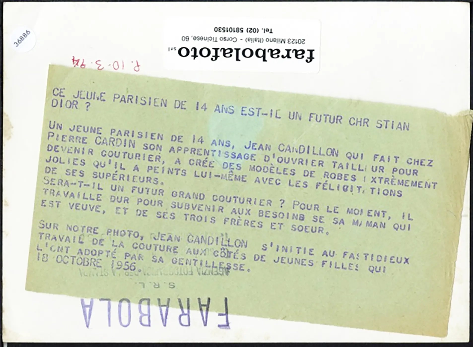 Jean Candillon apprendista Cardin 1956 Ft 36886 - Stampa 18x13 cm - Farabola Stampa ai sali d'argento