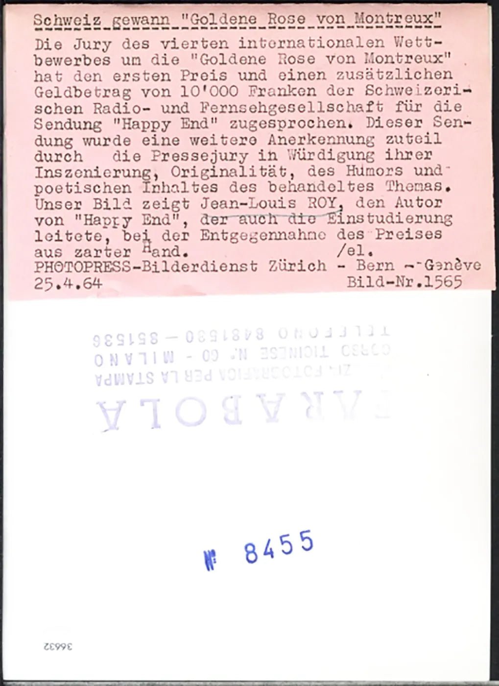 Jean - Louis Roy premiato a Montreaux 1964 Ft 36632 - Stampa 20x15 cm - Farabola Stampa ai sali d'argento