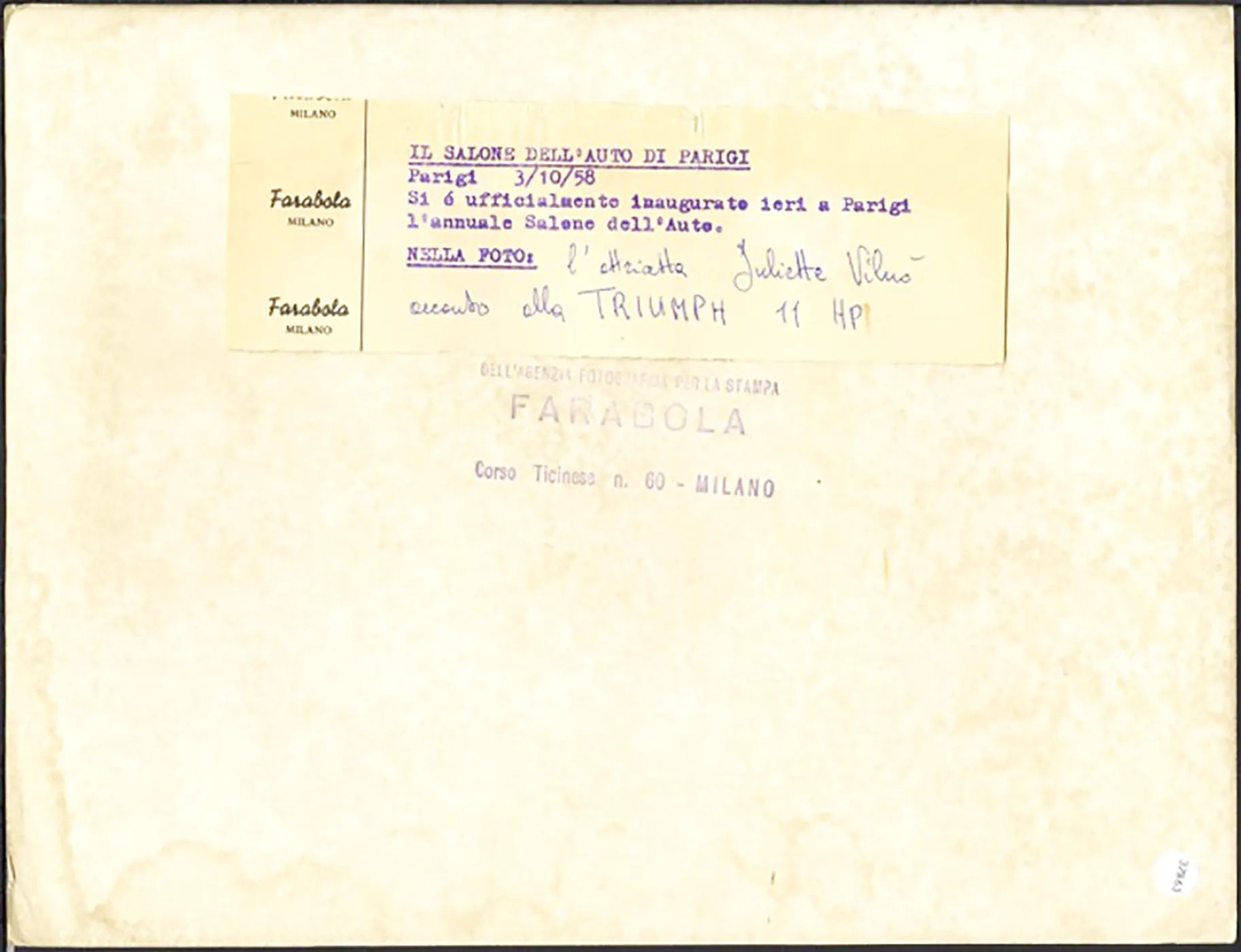 Juliette Vilnò e la Triumph 11 HP 1958 Ft 37863 - Stampa 21x27 cm - Farabola Stampa ai sali d'argento