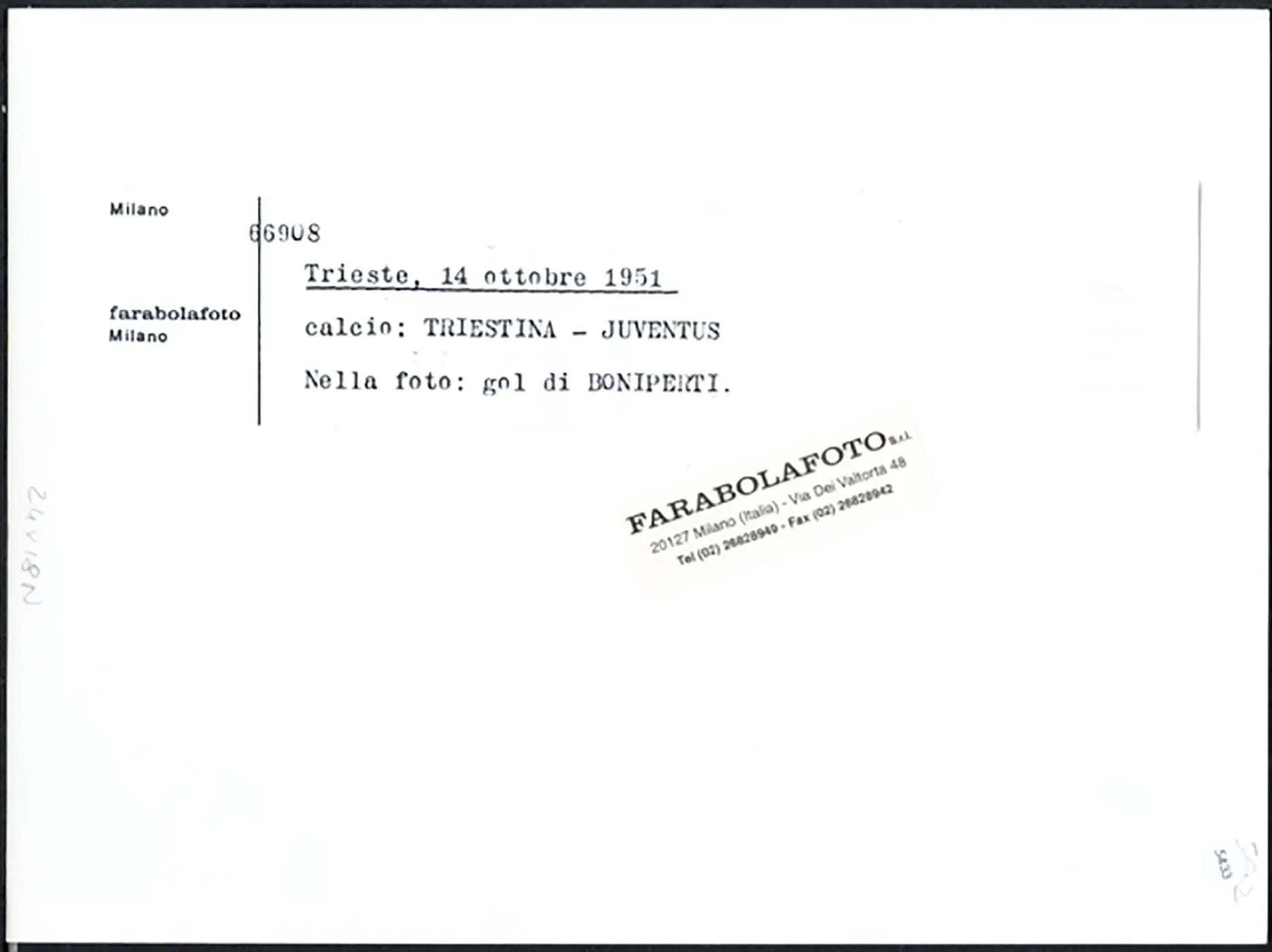 Juventus - Triestina 1951 Gol di Boniperti Ft 5433 - Stampa 24x18 cm - Farabola Stampa ai sali d'argento (anni 90)