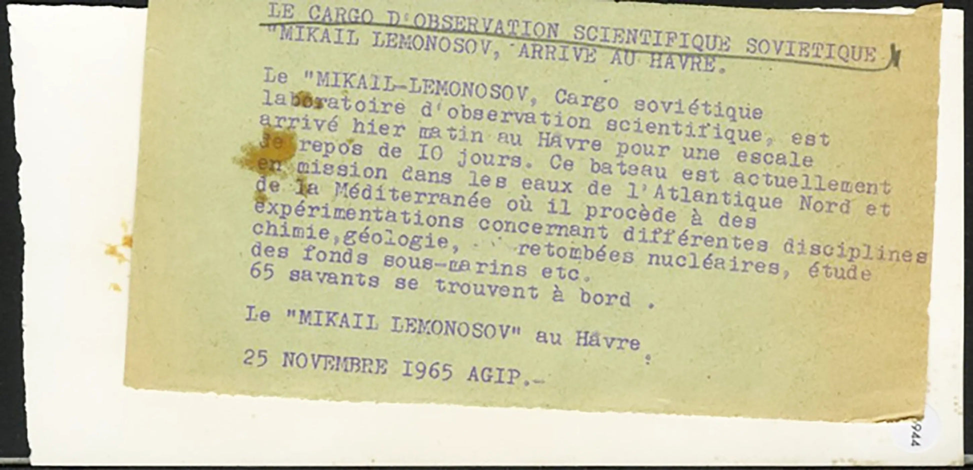 La nave sovietica Mikail - Lemonosov 1965 Ft 36944 - Stampa 15x9 cm - Farabola Stampa ai sali d'argento