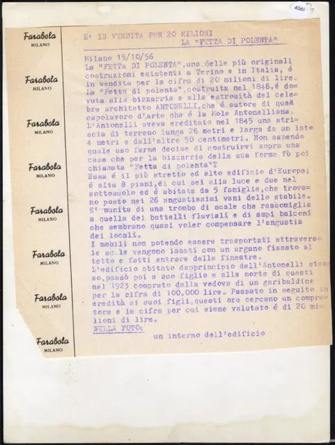 L'edificio Fetta di Polenta a Torino 1956 Ft 4061 - Stampa 24x18 cm - Farabola Stampa ai sali d'argento