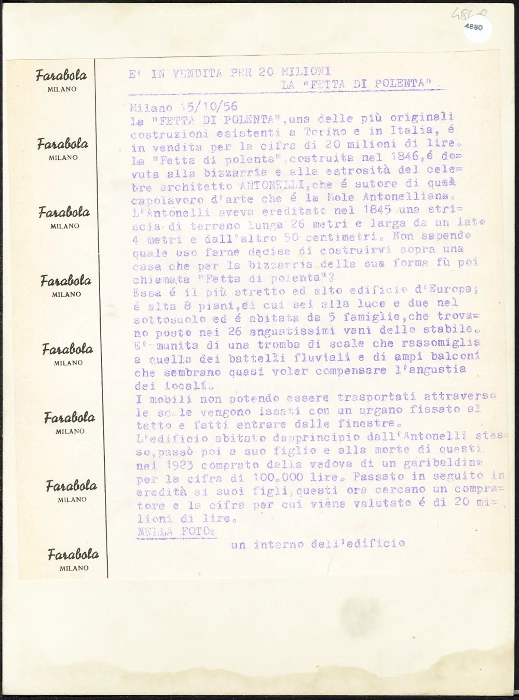 L'edificio Fetta di Polenta a Torino 1956 Ft 4880 - Stampa 24x18 cm - Farabola Stampa ai sali d'argento