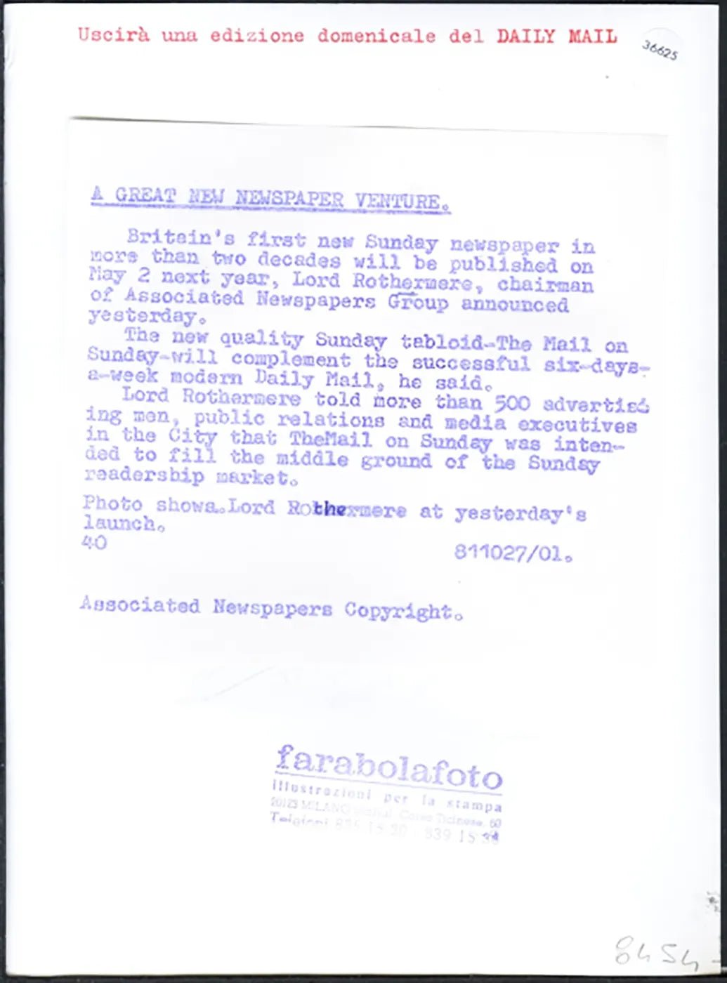 Lord Rothermere e il Daily Mail 1981 Ft 36625 - Stampa 20x15 cm - Farabola Stampa ai sali d'argento