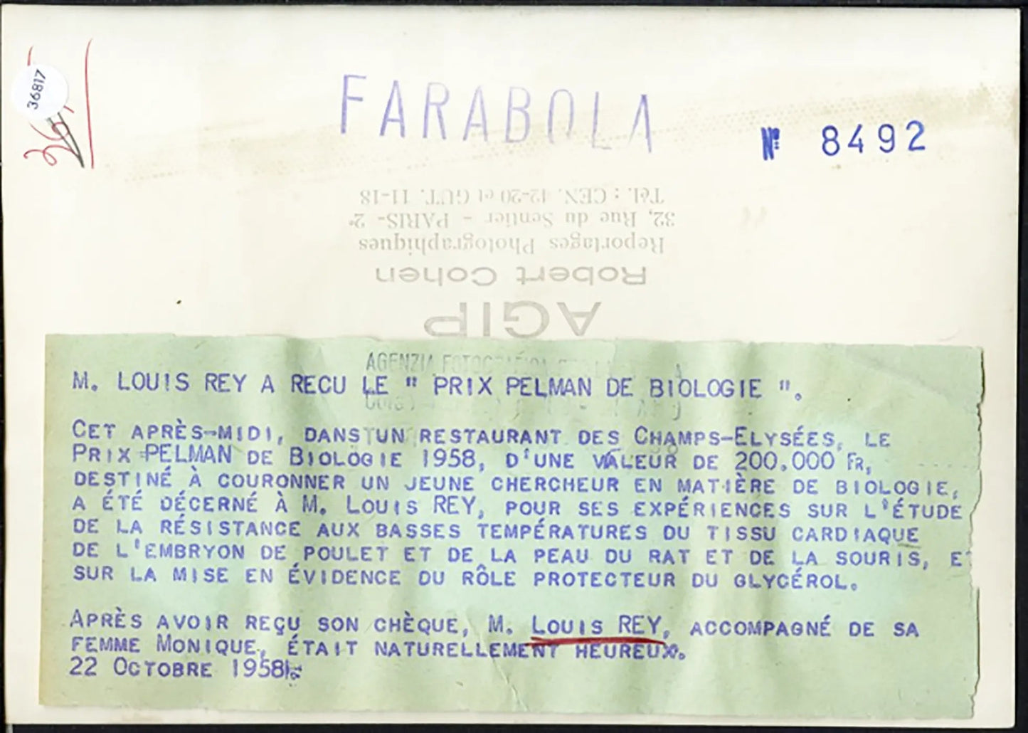Louis Rey premi Pelman Biologia 1958 Ft 36817 - Stampa 13x18 cm - Farabola Stampa ai sali d'argento