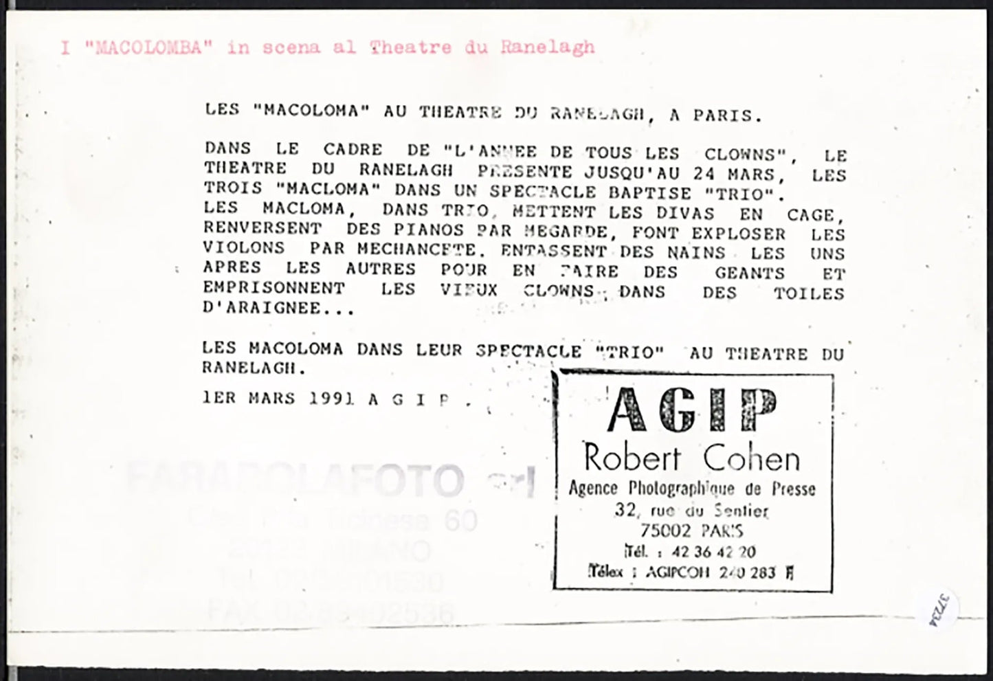 Macolomba al Teatro du Ranelagh 1991 Ft 37234 - Stampa 21x15 cm - Farabola Stampa ai sali d'argento