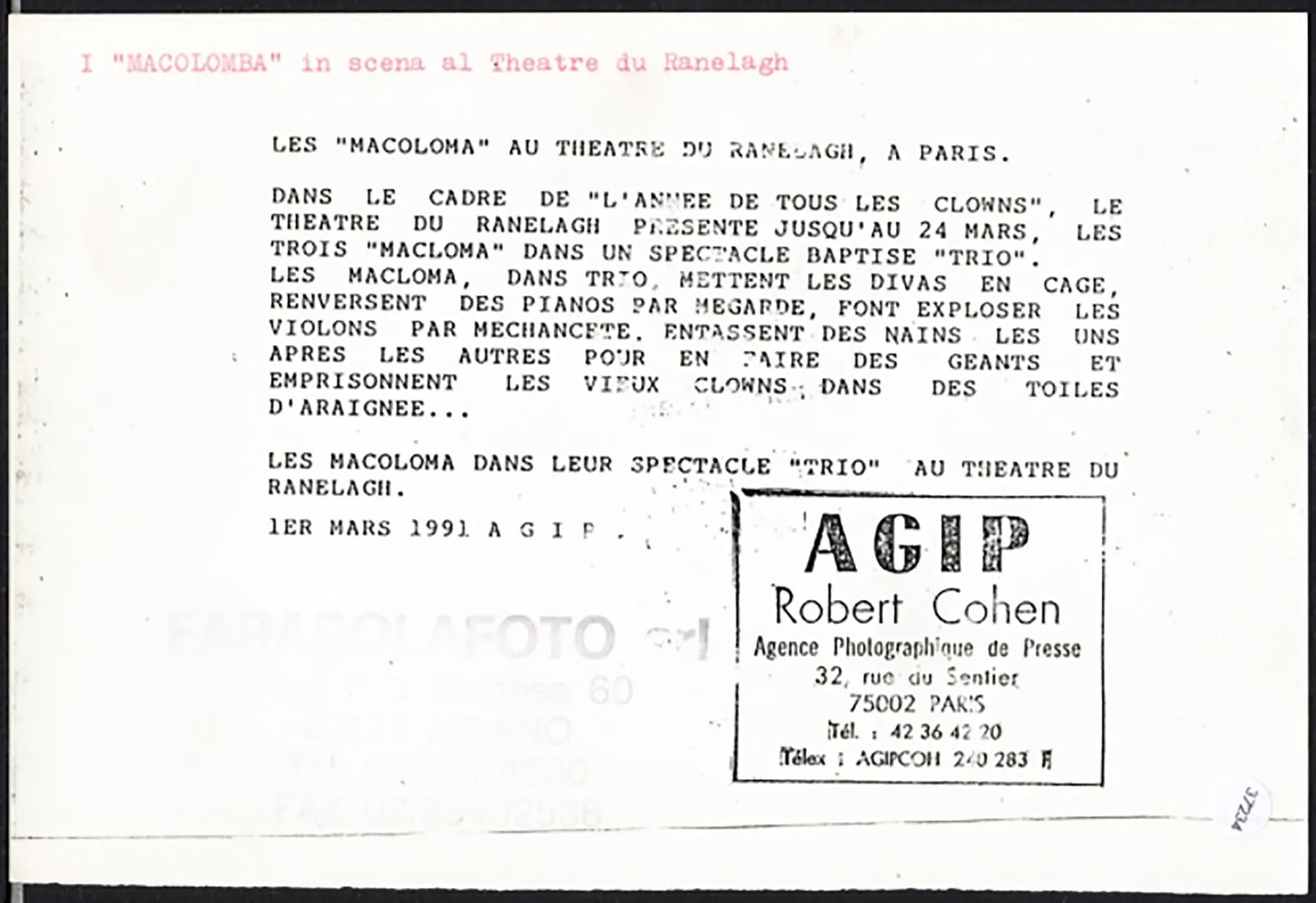 Macolomba al Teatro du Ranelagh 1991 Ft 37234 - Stampa 21x15 cm - Farabola Stampa ai sali d'argento