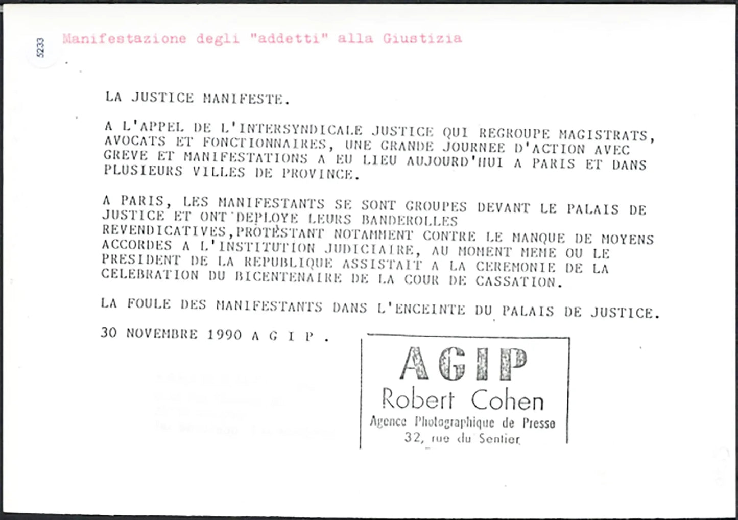 Manifestazione addetti giustizia Parigi 1990 Ft 5233 - Stampa 21x15 cm - Farabola Stampa ai sali d'argento