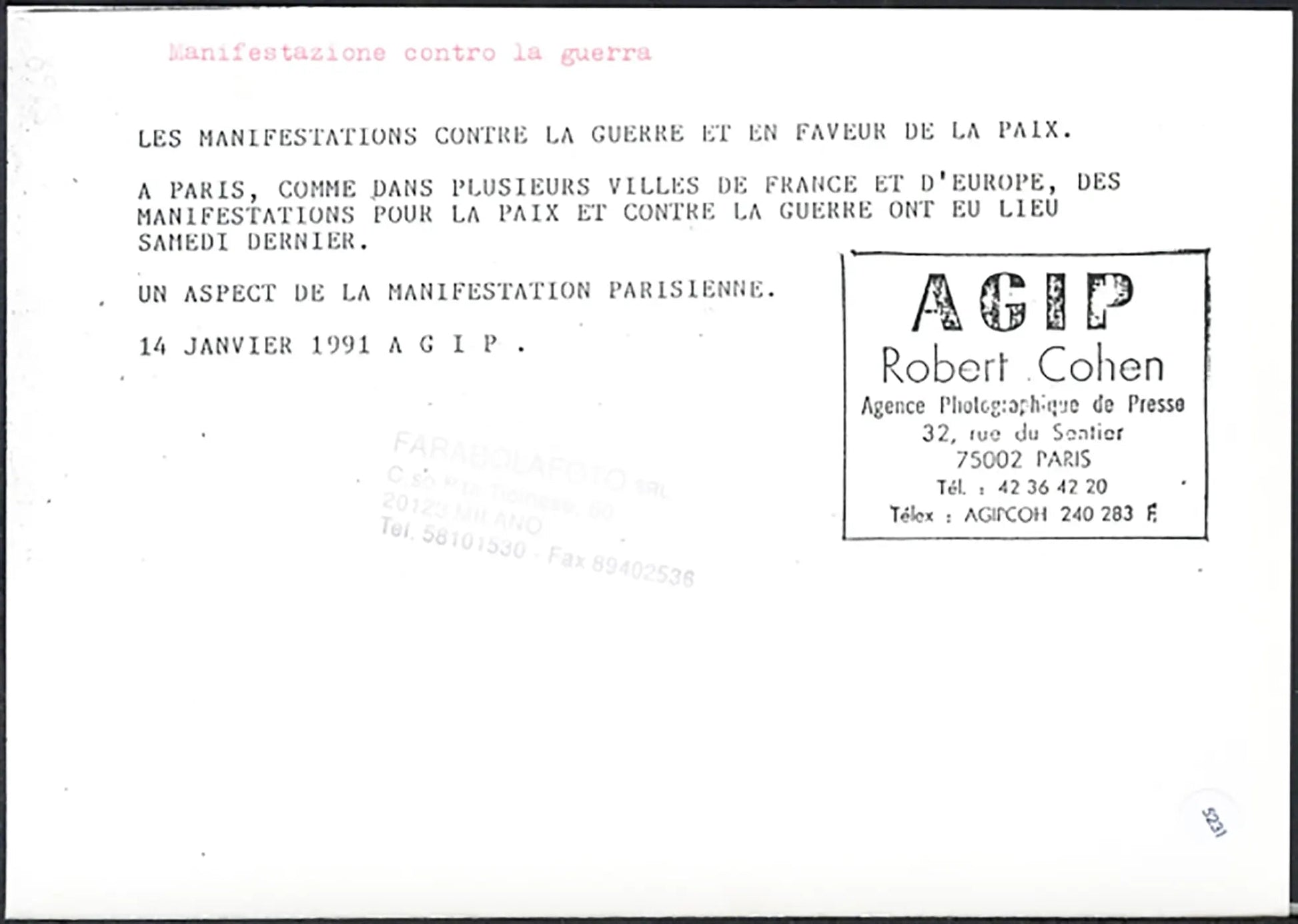 Manifestazione contro la guerra Parigi 1991 Ft 5231 - Stampa 21x15 cm - Farabola Stampa ai sali d'argento