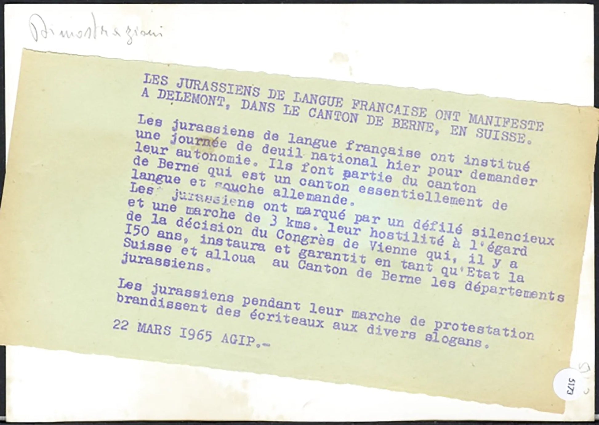 Manifestazione dei Giurassiani Svizzera 1965 Ft 5173 - Stampa 18x13 cm - Farabola Stampa ai sali d'argento