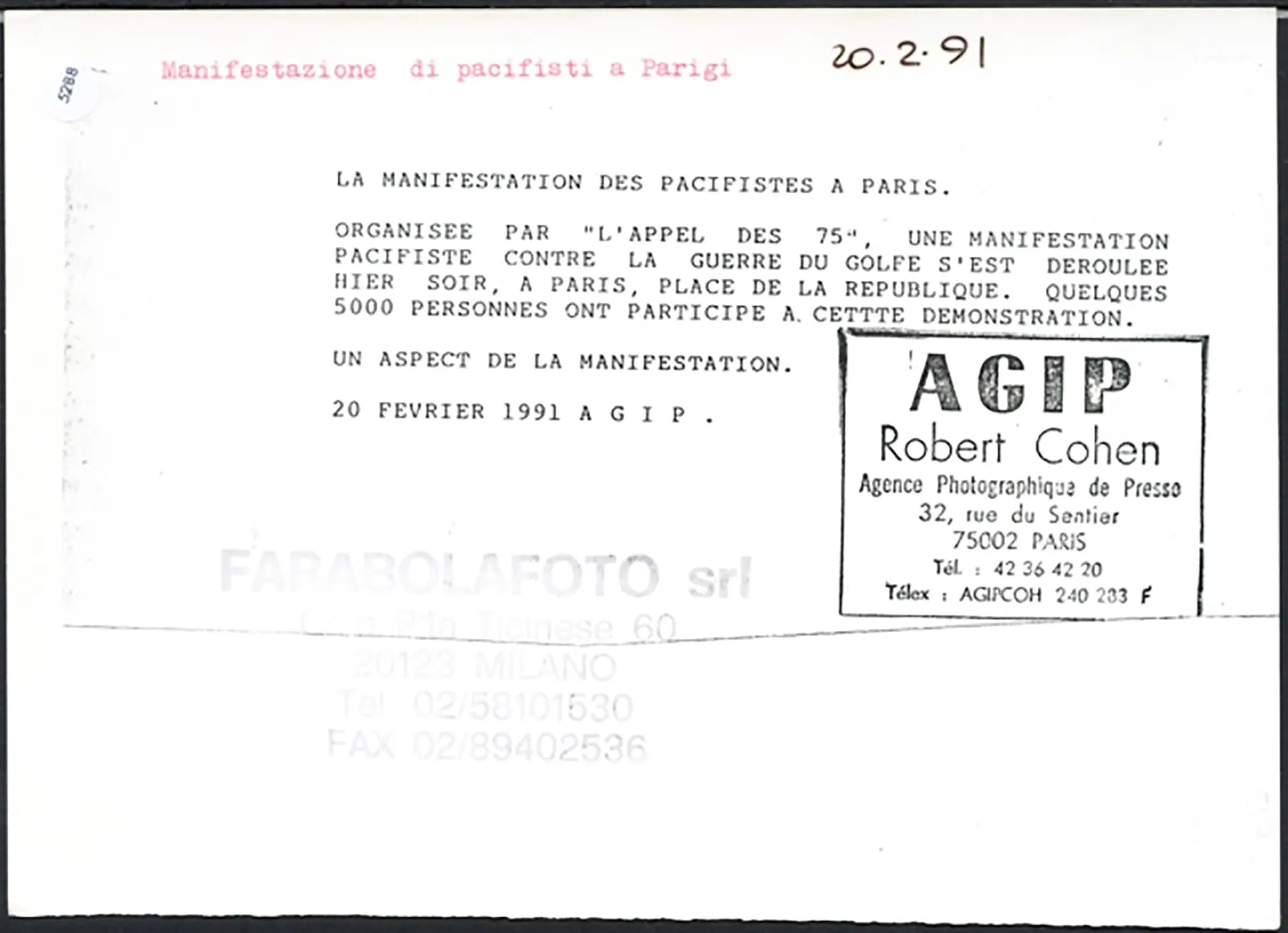 Manifestazione Pacifisiti Parigi 1991 Ft 5288 - Stampa 21x15 cm - Farabola Stampa ai sali d'argento