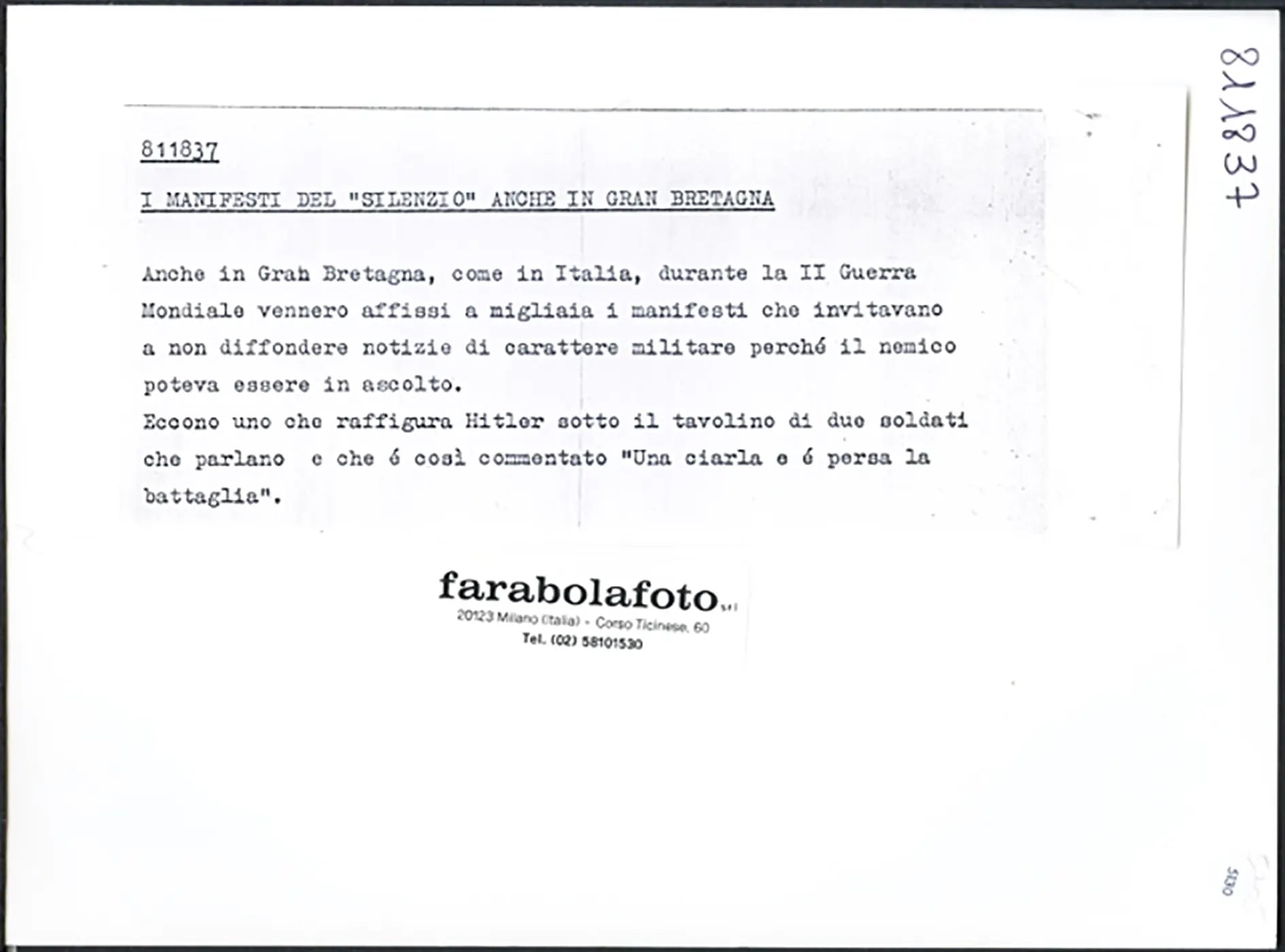 Manifesto del silenzio II Guerra Mondiale Ft 5130 - Stampa 24x18 cm - Farabola Stampa ai sali d'argento (anni 90)