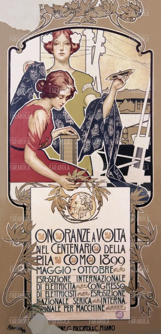 Manifesto per le onoranze ad Alessandro Volta nel centenario della pila, 1899 - Farabola Immagine digitale