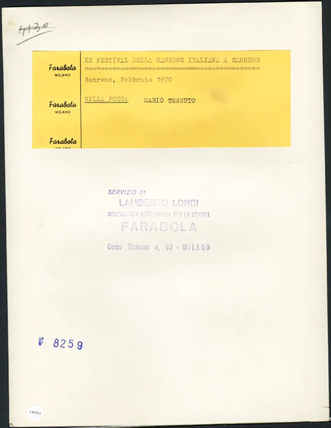 Mario Tessuto a Sanremo 1970 Ft 36643 - Stamp 21x27 cm - Farabola Stampa ai sali d'argento