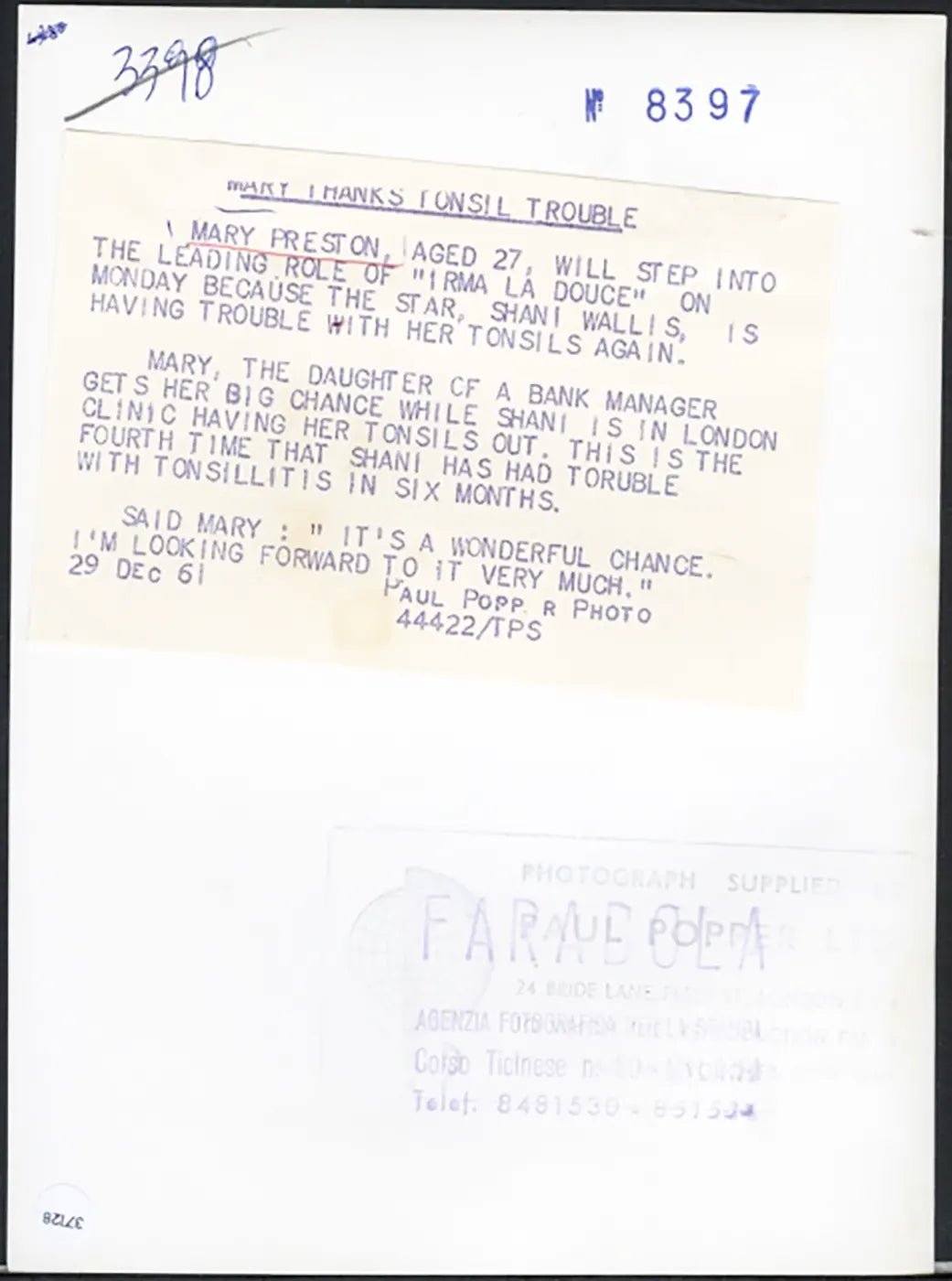 Mary Preston 1961 Ft 37128 - Stampa 20x15 cm - Farabola Stampa ai sali d'argento