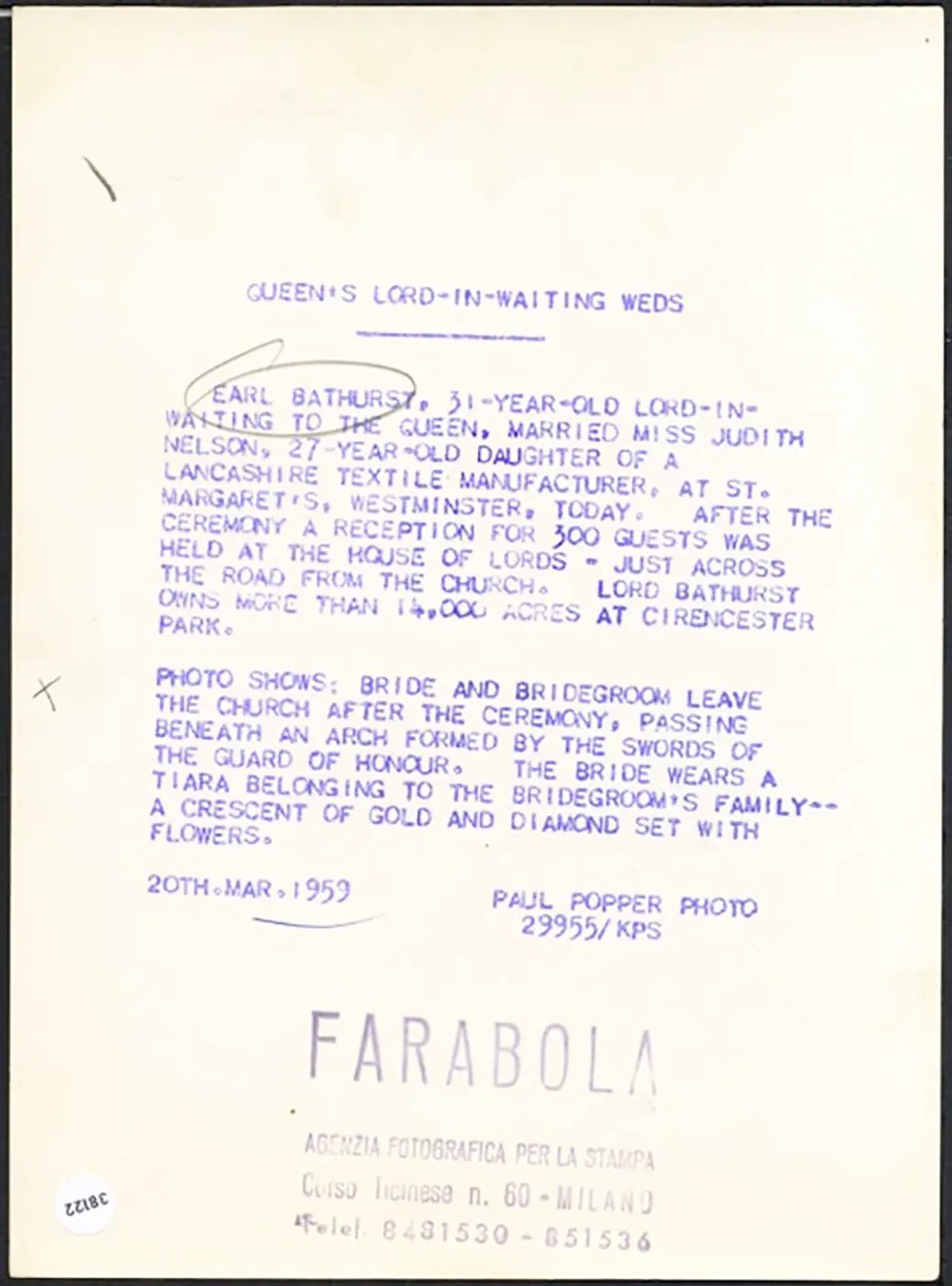 Matrimonio a Westminster Londra 1959 Ft 38122 - Stampa 20x15 cm - Farabola Stampa ai sali d'argento