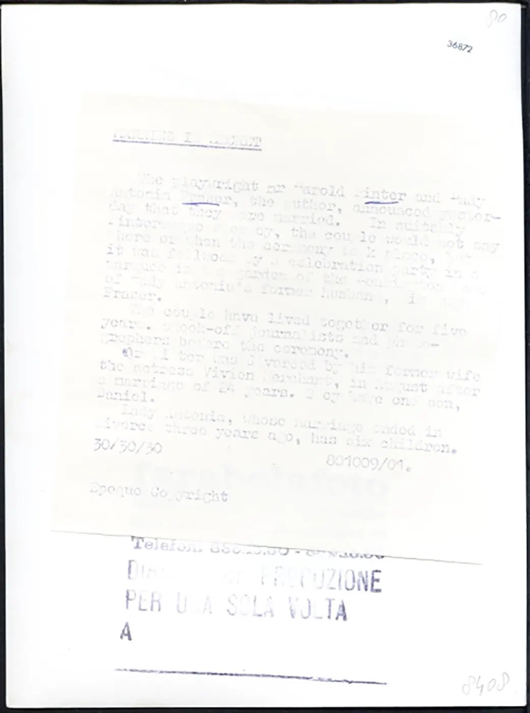 Matrimonio Harold Pinter 1980 Ft 36872 - Stampa 20x15 cm - Farabola Stampa ai sali d'argento