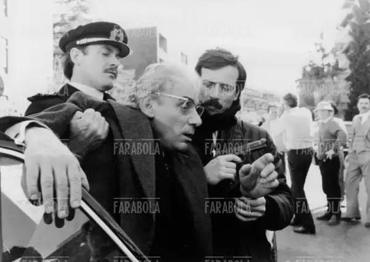 Mattia Sbragia, Bruno Zanin e Gian Maria Volonté in una scena del film Il caso Moro, 1986 - Farabola Immagine digitale