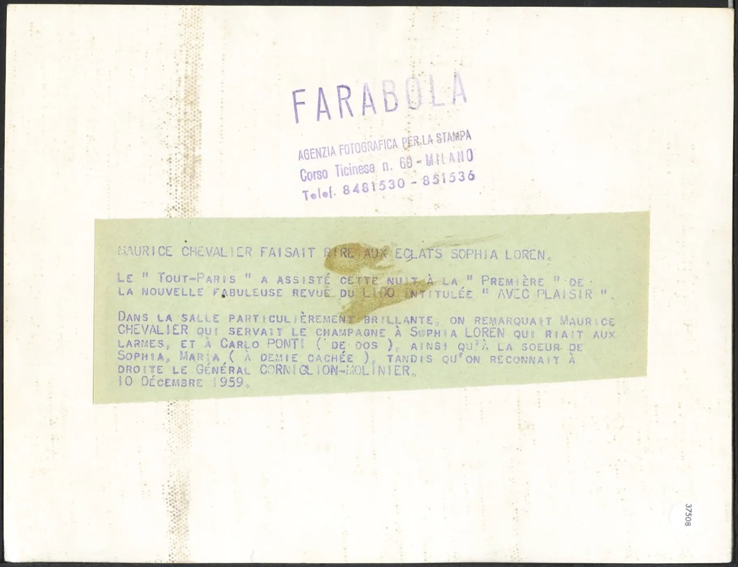 Maurice Chevalier e Sophia Loren 1959 Ft 37508 - Stampa 24x18 cm - Farabola Stampa ai sali d'argento