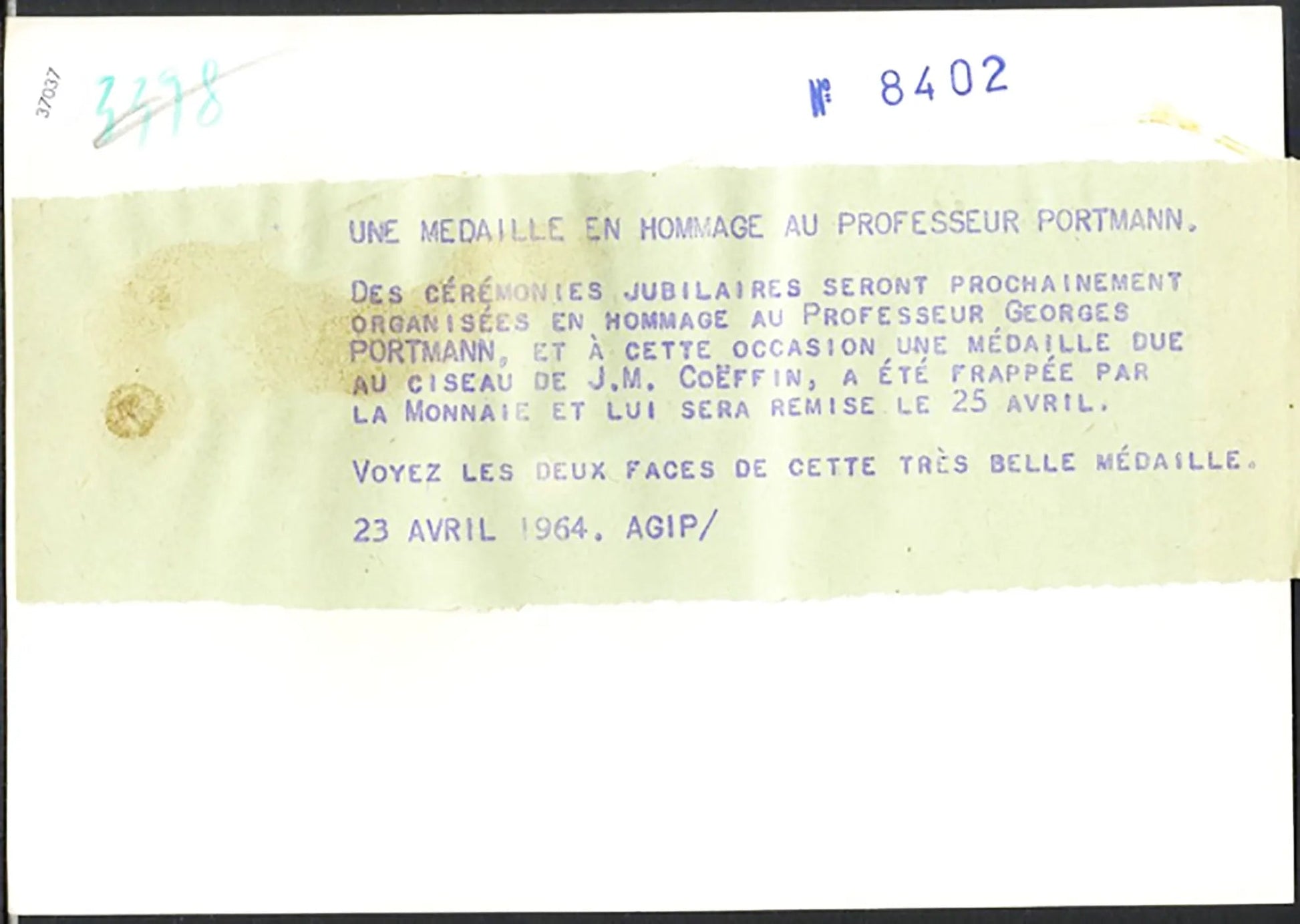 Medaglia a Georges Portmann 1964 Ft 37037 - Stampa 18x13 cm - Farabola Stampa ai sali d'argento