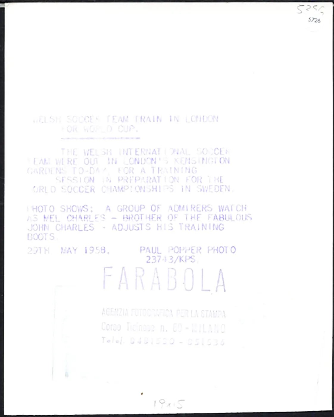 Mel Charles Nazionale Galles 1958 Ft 5726 - Stampa 20x15 cm - Farabola Stampa ai sali d'argento