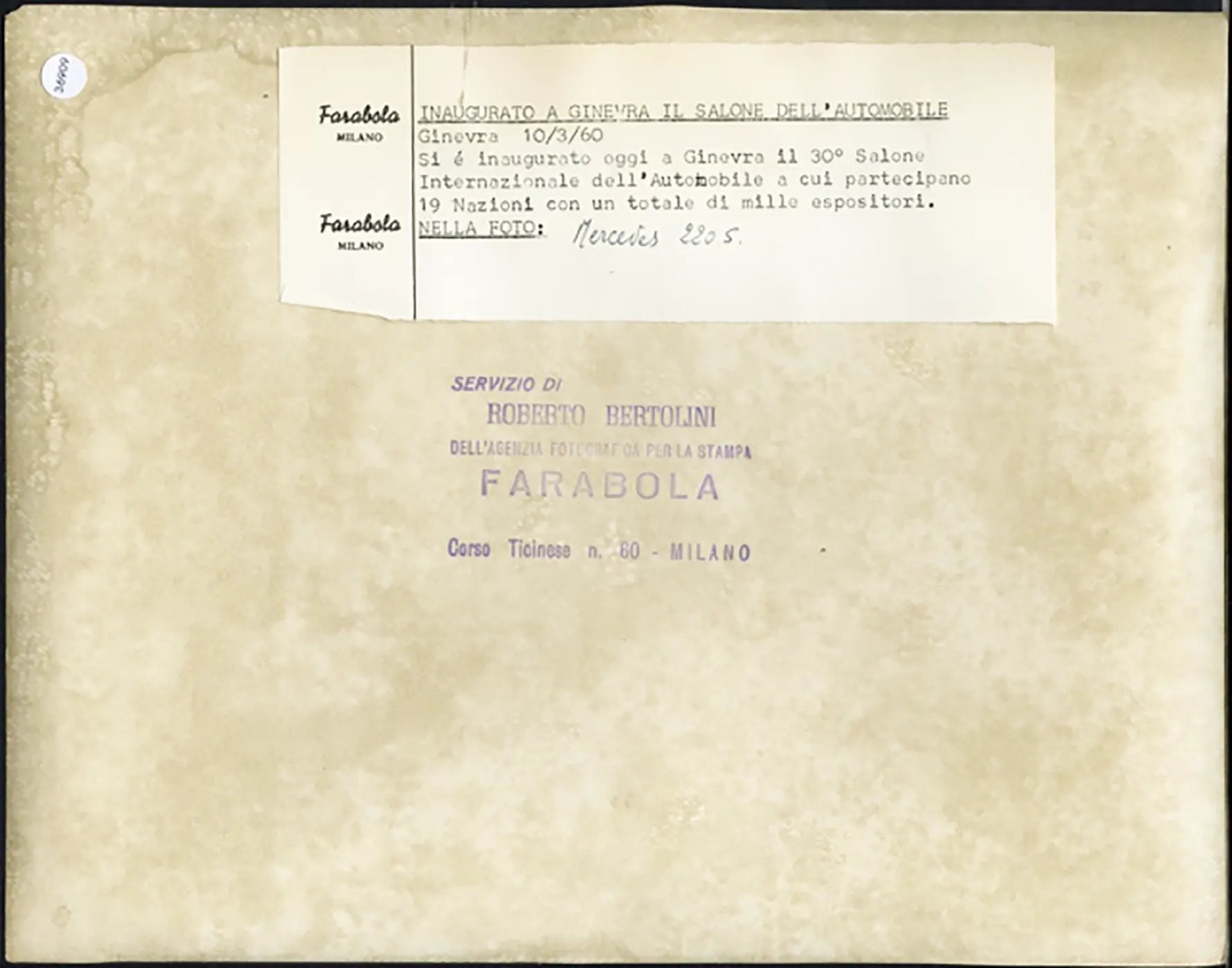 Mercedes 220 S Salone Auto Ginevra 1960 Ft 36909 - Stampa 21x27 cm - Farabola Stampa ai sali d'argento