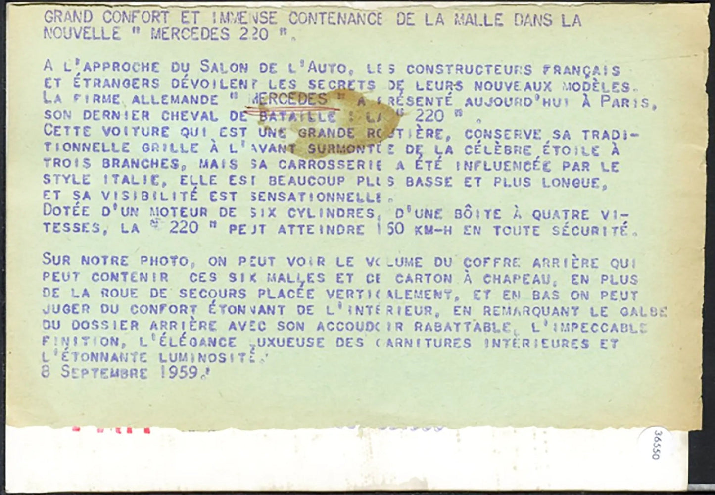 Mercedes 220 Salone Auto Parigi 1959 Ft 36550 - Stampa 18x13 cm - Farabola Stampa ai sali d'argento