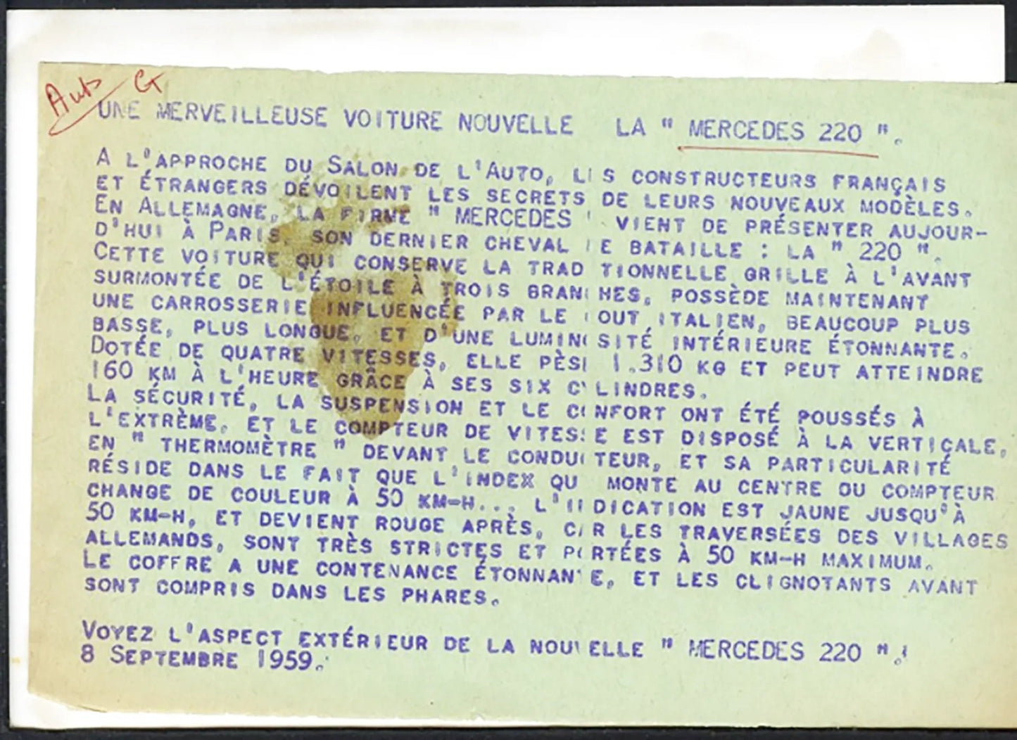 Mercedes 220 Salone Auto Parigi 1959 Ft 36552 - Stampa 18x13 cm - Farabola Stampa ai sali d'argento